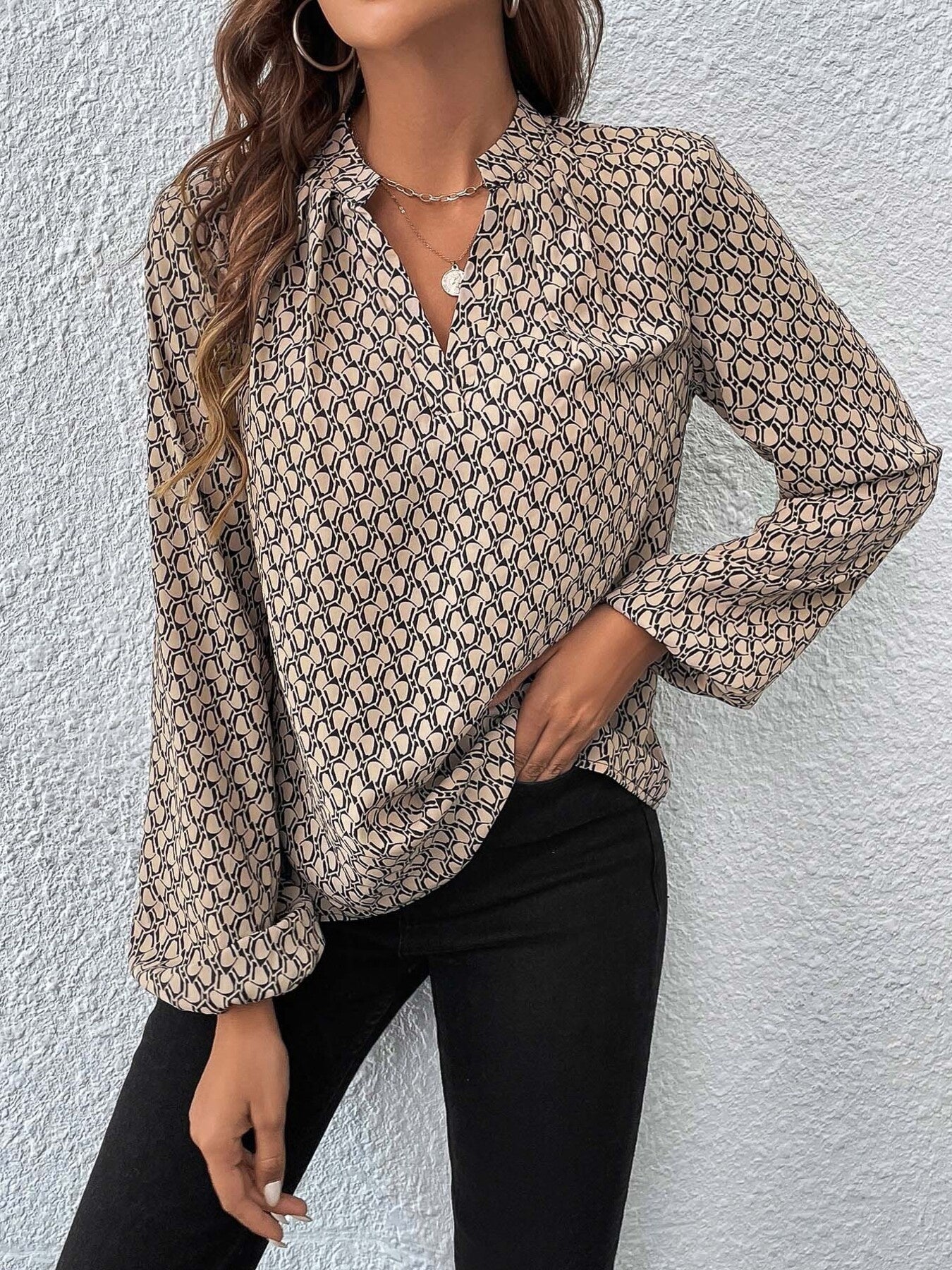 Printed Notched Balloon Sleeve Blouse