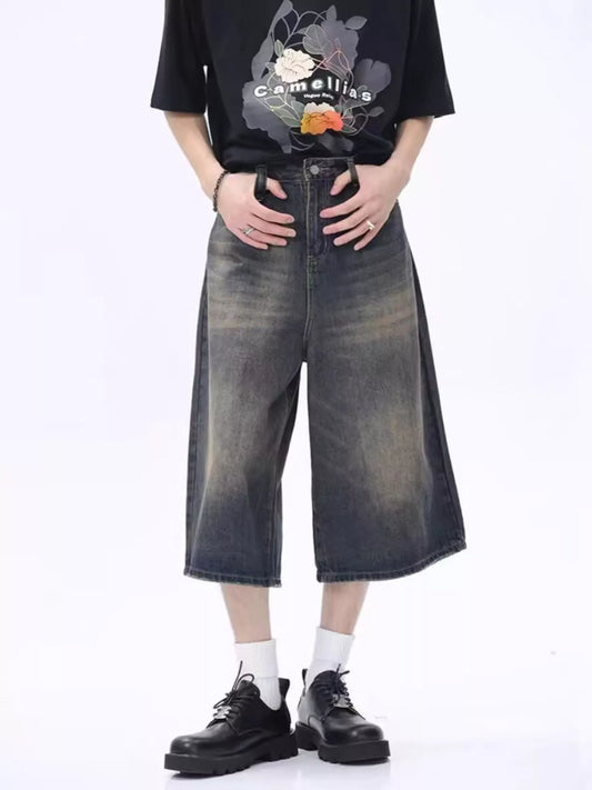 Men's Full Size Vintage Wash Wide Leg Denim Shorts Plus Size