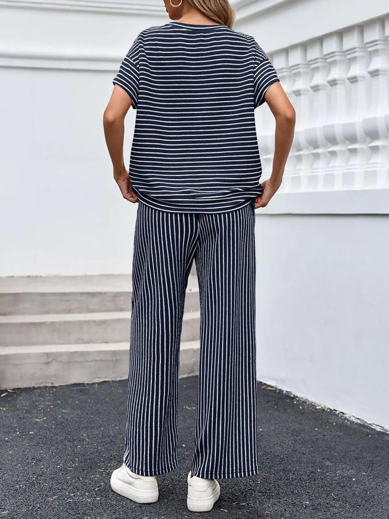 Casual Striped Short Sleeve Top and Wide Leg Pants Two-Piece Set