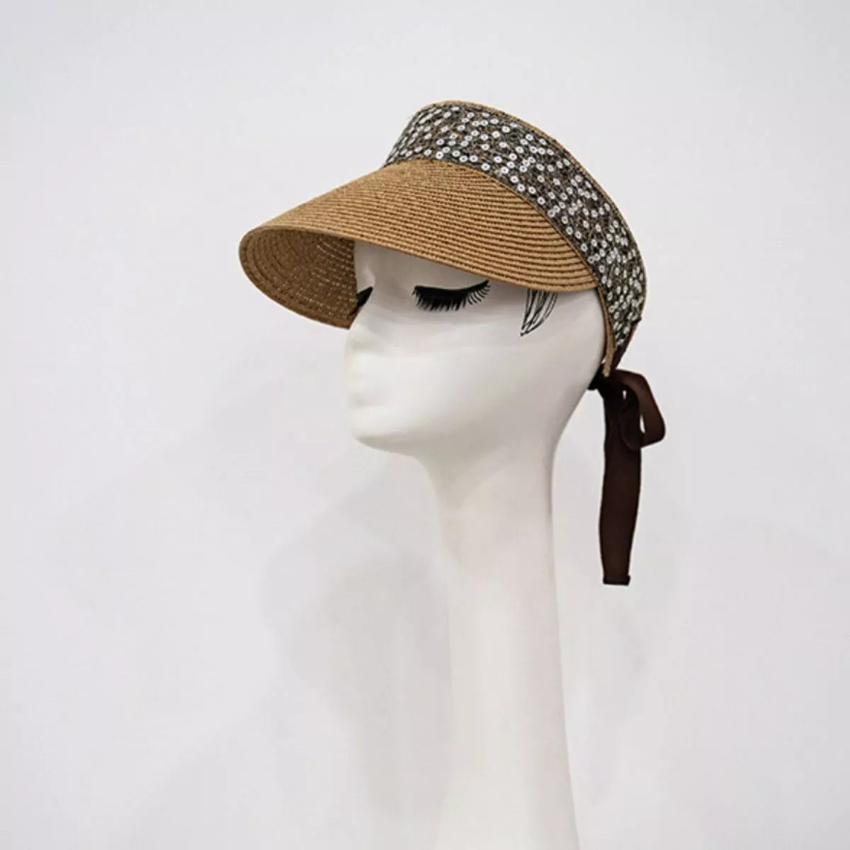 Sequined Visor Sun Hat with Ribbon Tie