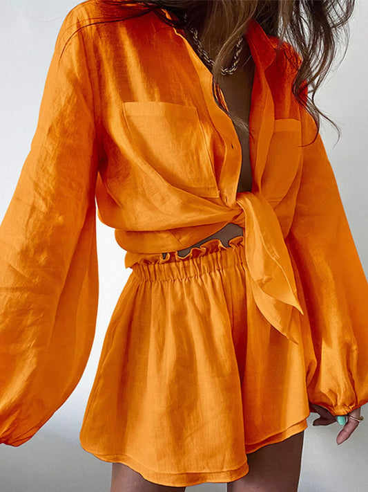 Button Up Long Sleeve Shirt and Shorts Set