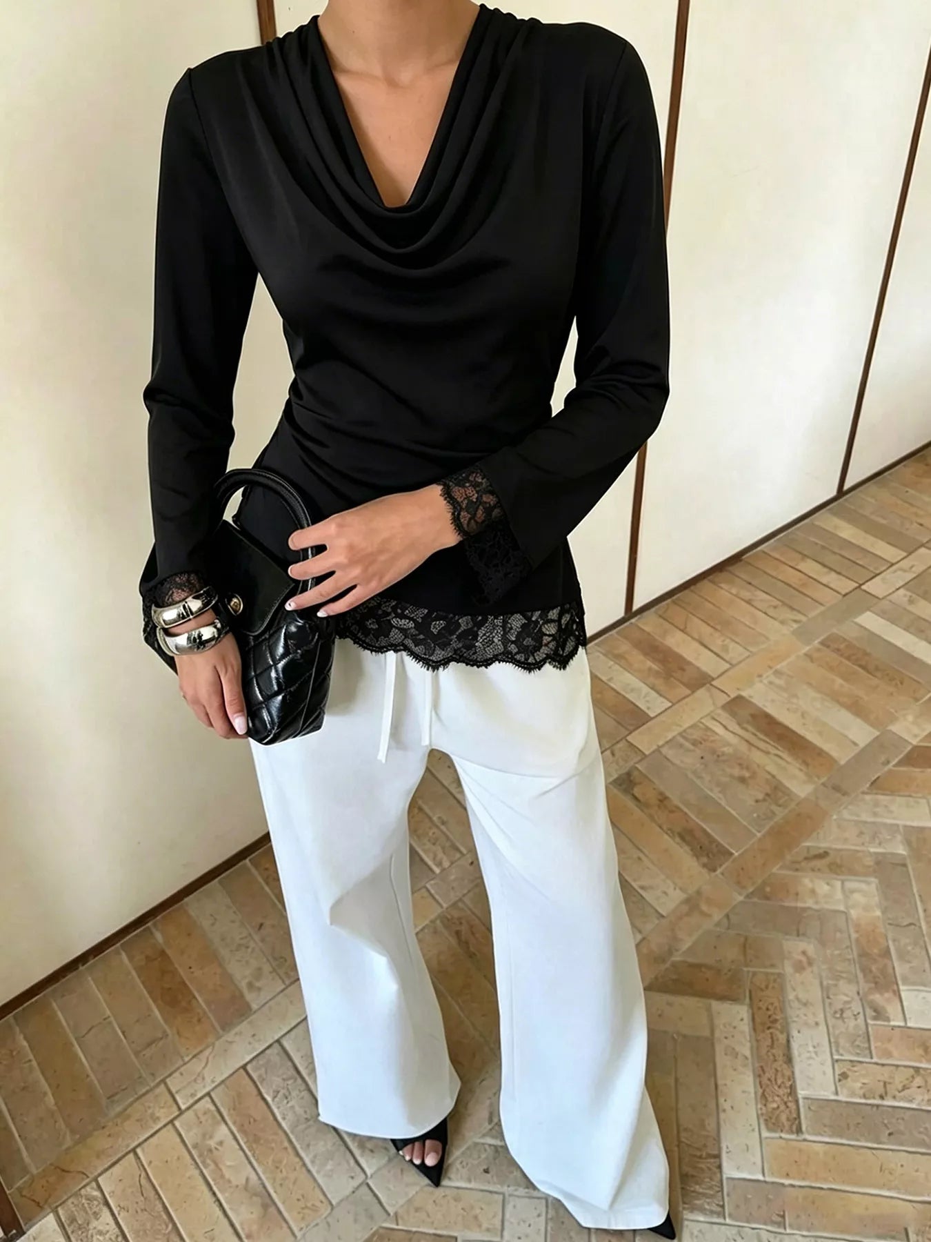 Lace Trim Cowl Neck Blouse