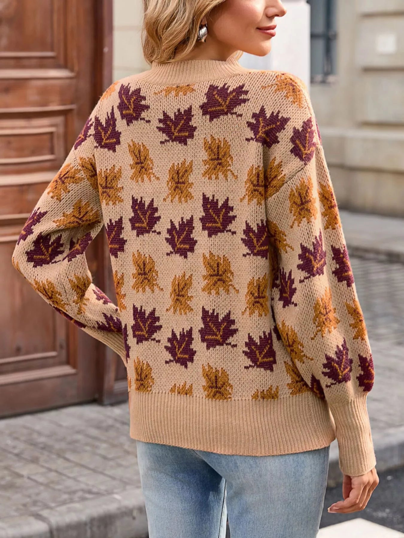 Autumn Leaf Pattern Mock Neck Sweater