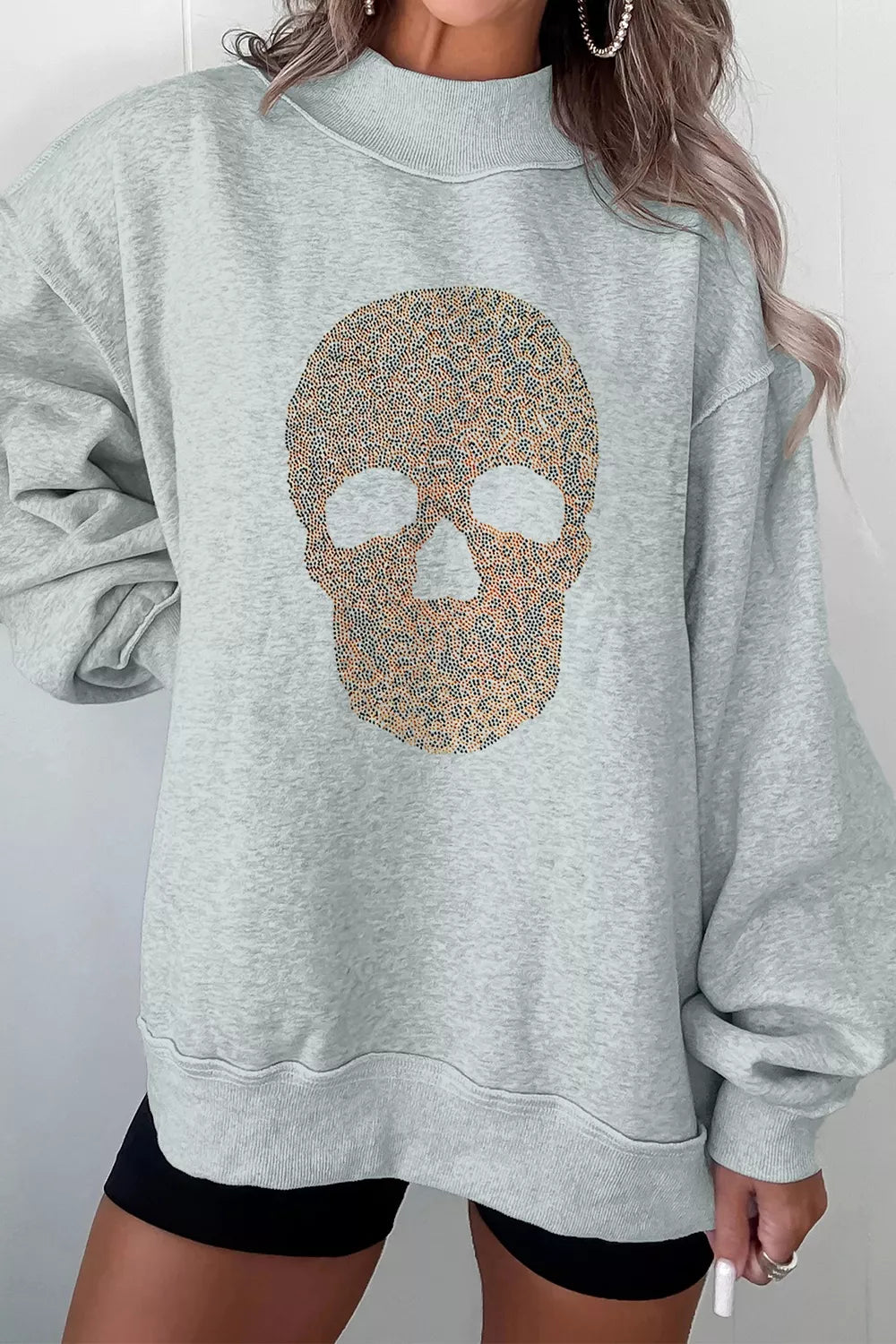 Halloween Rhinestone Skull Graphic Mock Neck Baggy Pullover Sweatshirt
