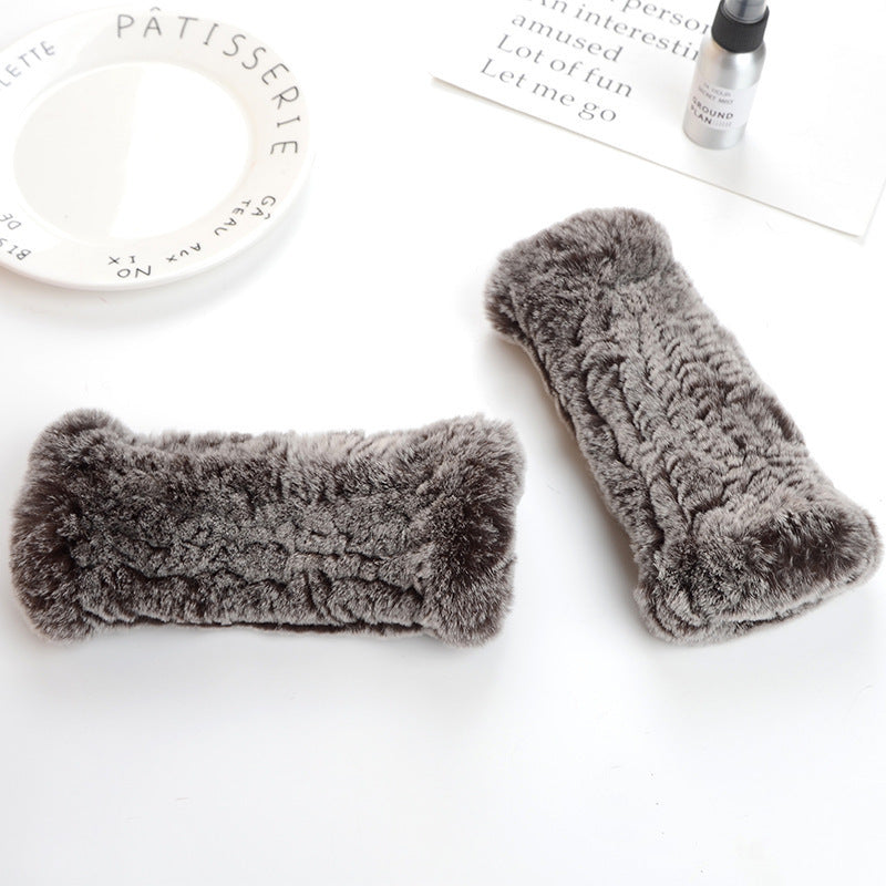 Winter Wristband Mid-Length Gloves - Rex Rabbit Fur Insulation With Striped Half-Finger Design