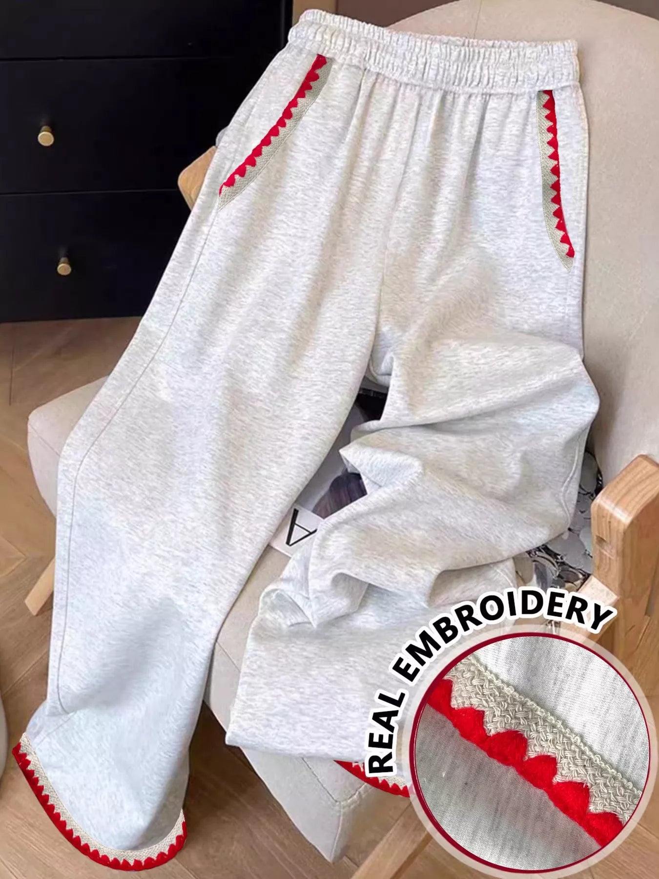Casual Loose Fit Embroidered Trim Pants