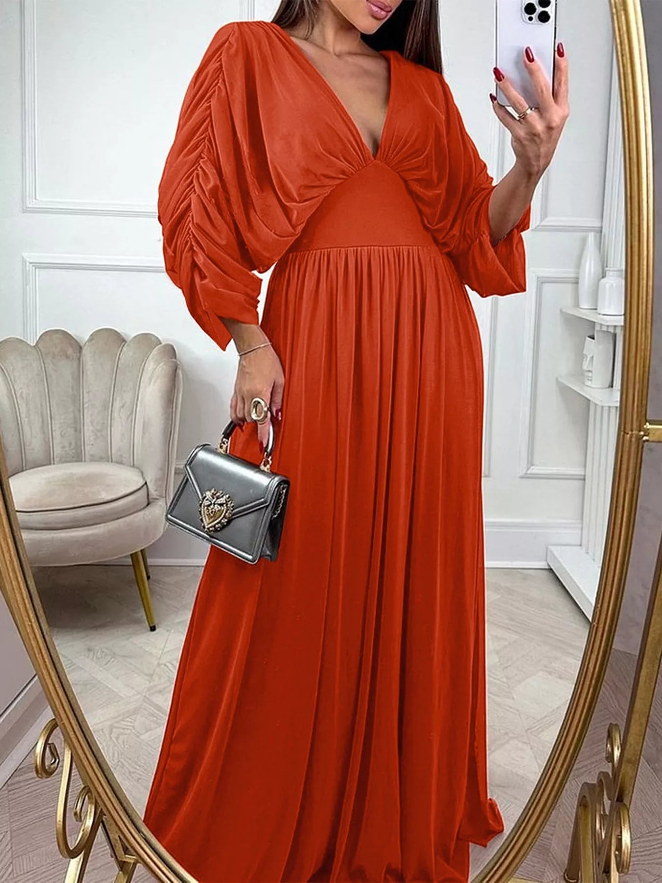 Smocked Ruched Sleeve Maxi Dress