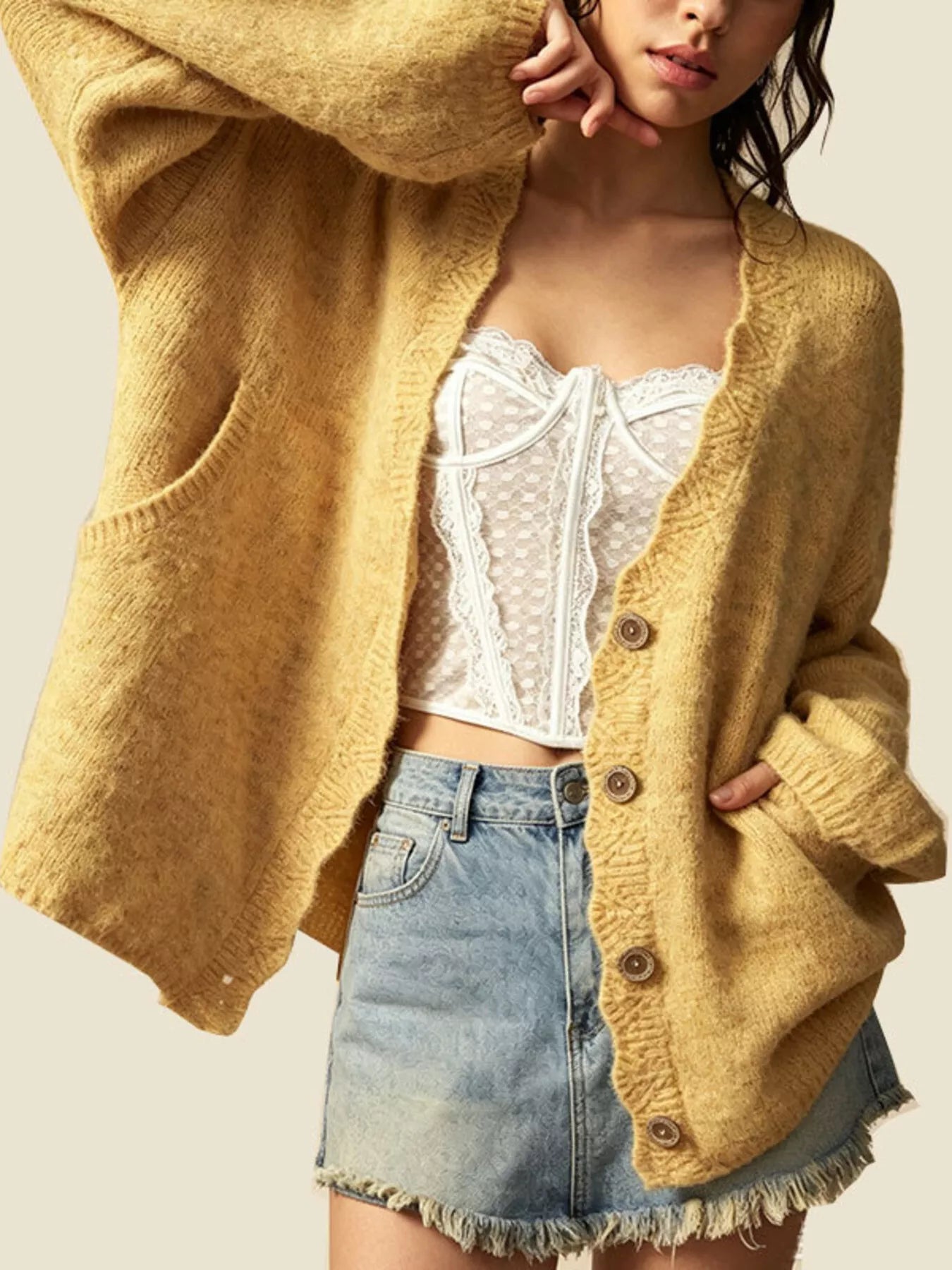 V-Neck Button-Down Knit Cardigan