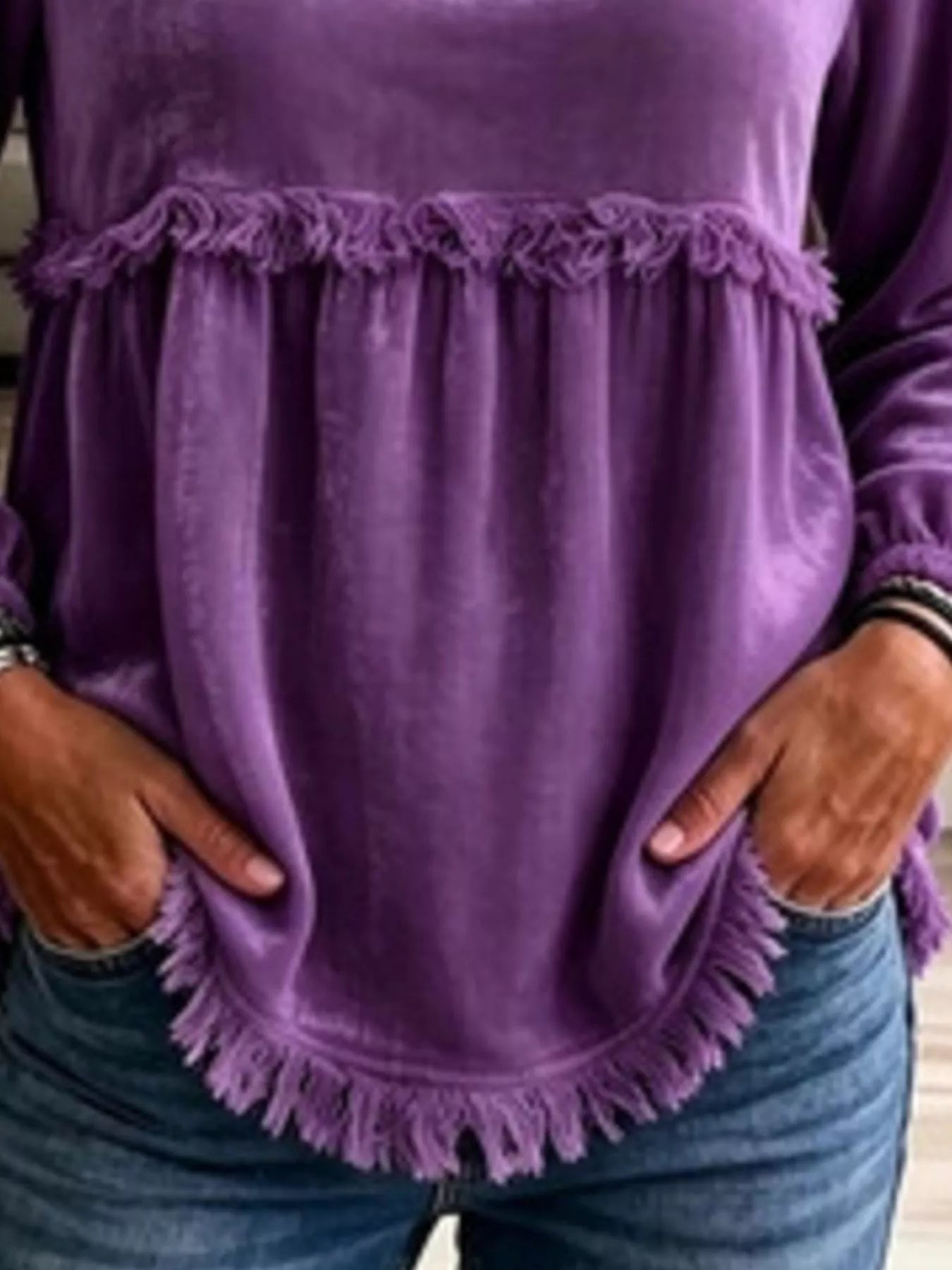 Fringed Hem Long Sleeve T-Shirt