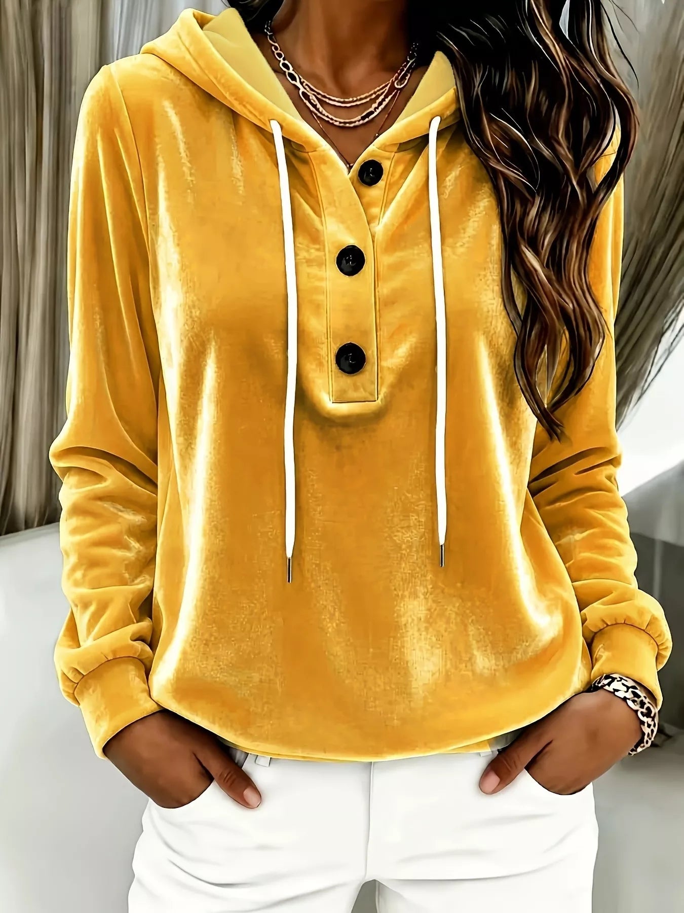 Full Size Drawstring Button Detail Hoodie Plus Size
