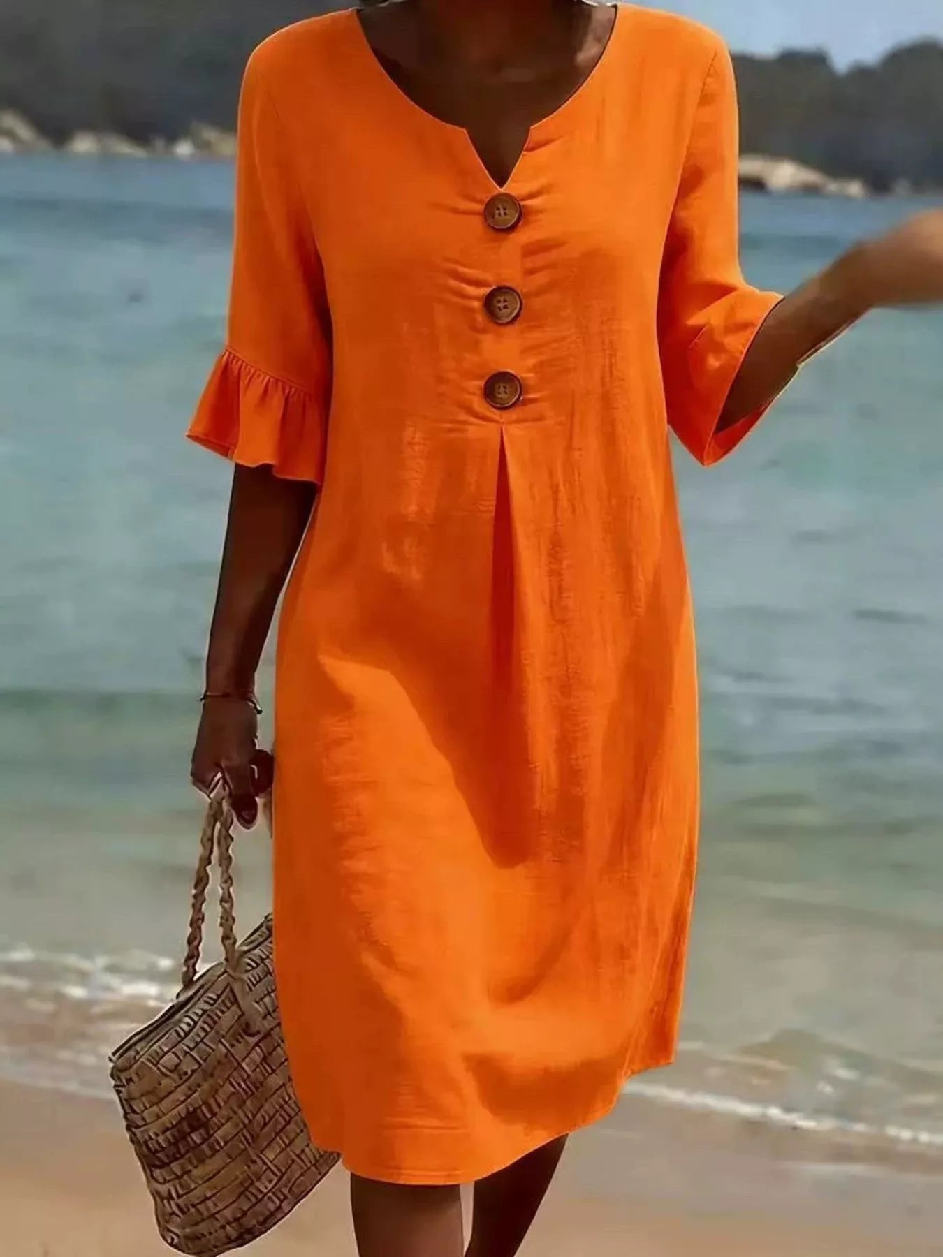 Full Size Casual Decor Button Dress with Ruffle Sleeves Plus Size