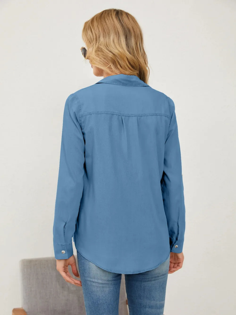 Pocketed Button Up Long Sleeve Denim Shirt