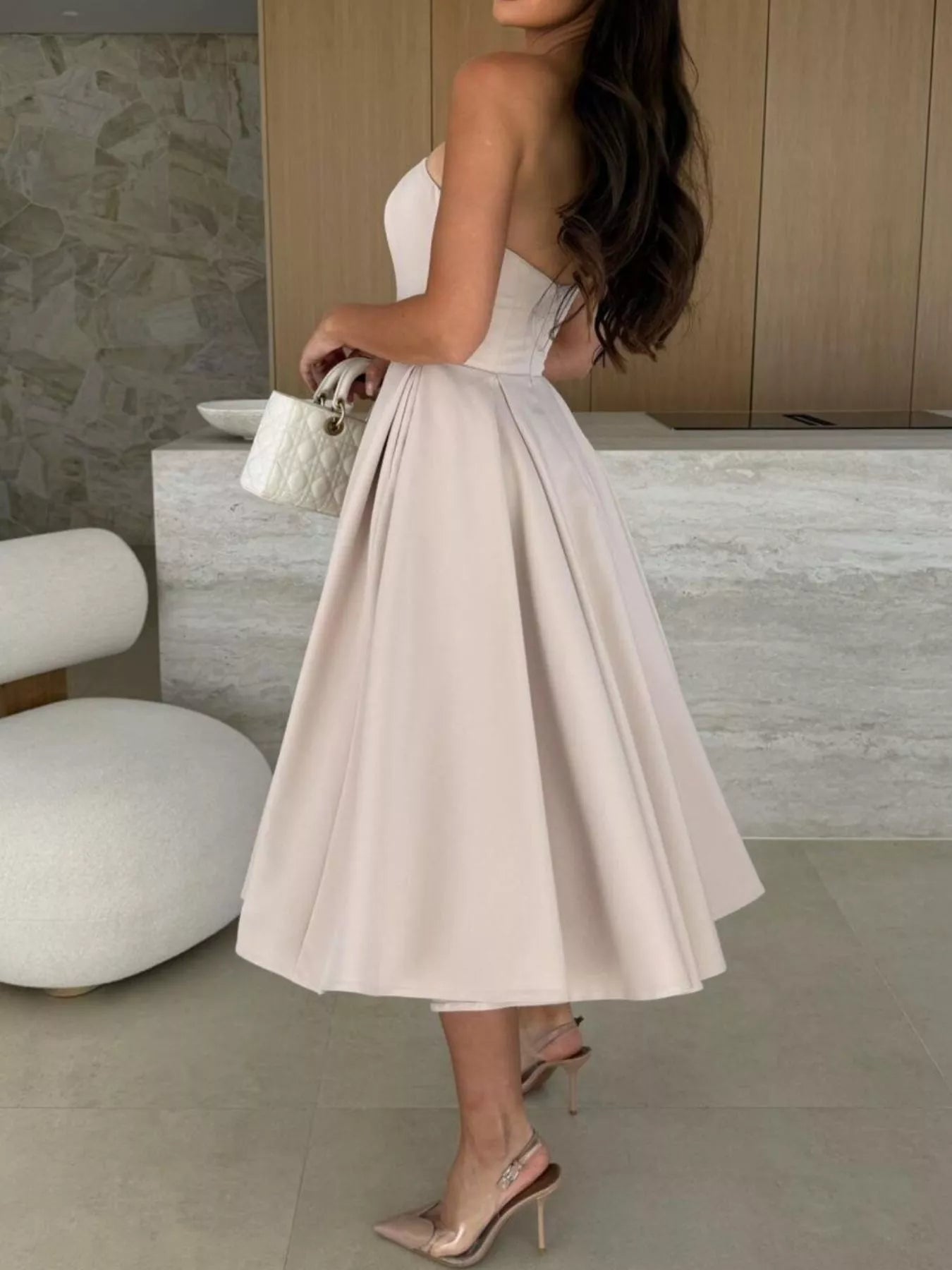 Strapless Ruched A-Line Midi Dress