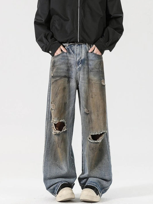 Men's Full Size Distressed Wide Leg Jeans Plus Size