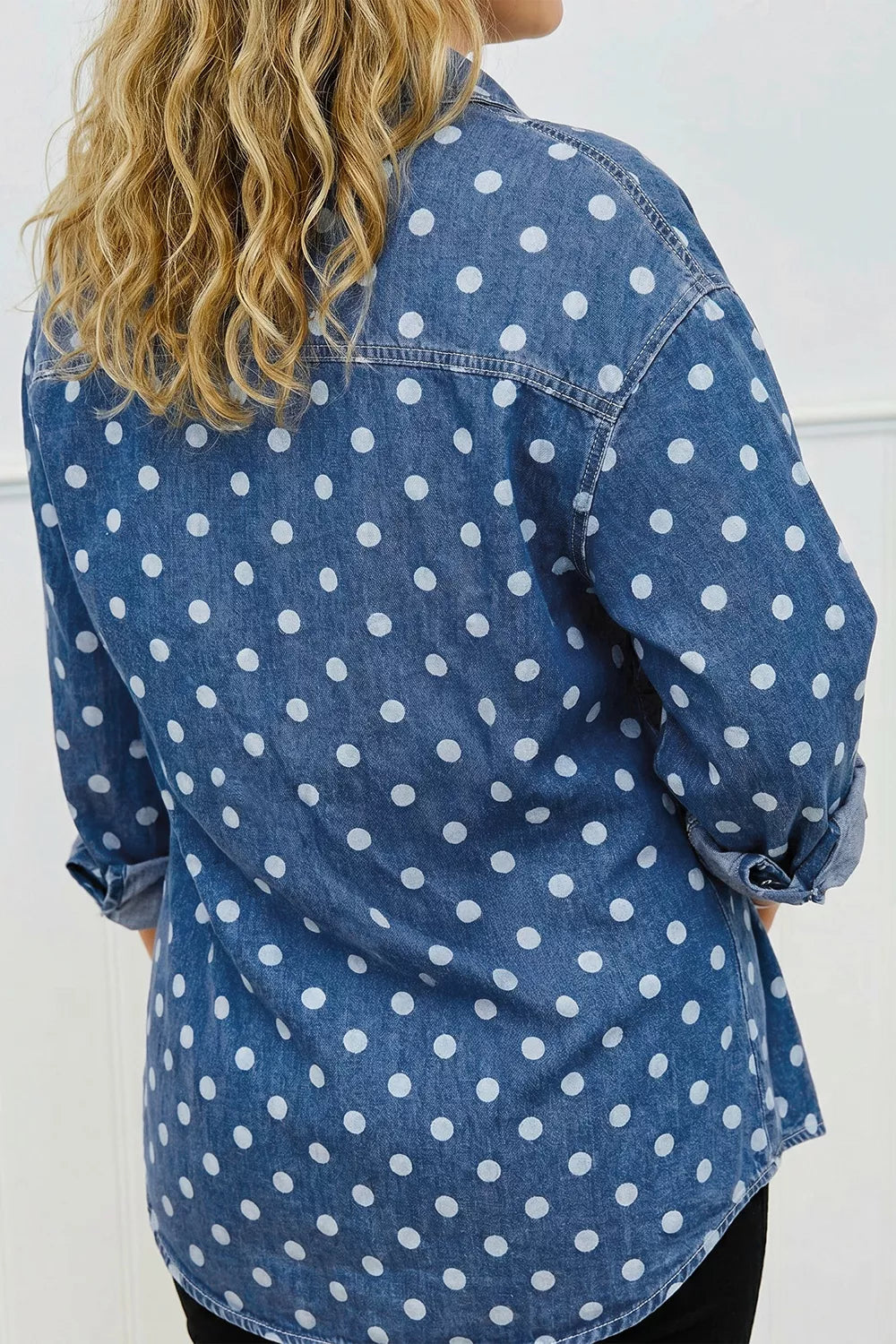 Polka Dot Long Sleeve Collar Shift Tunic Denim Jacket