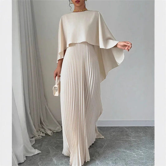 Bat Sleeve Pleated Maxi Dress | Cream White Cape Dress with Dramatic Bell Sleeves (MA241)