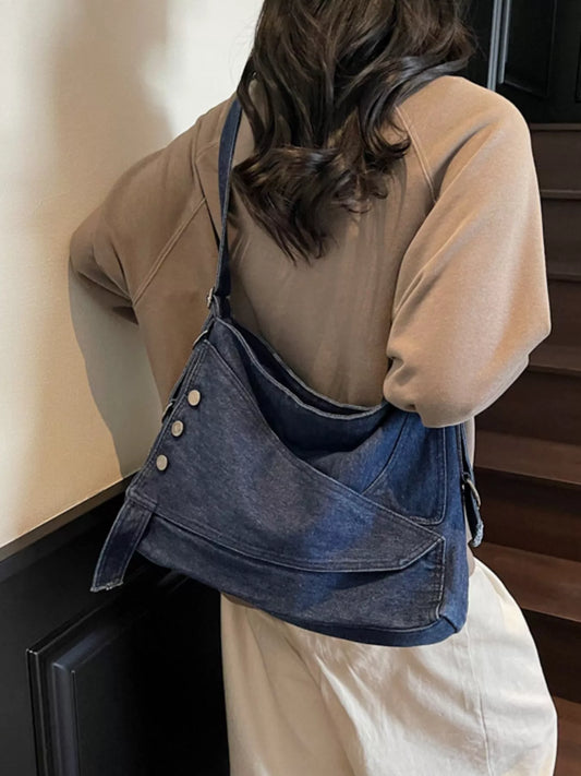 Casual Denim Crossbody Bag with Button Detail