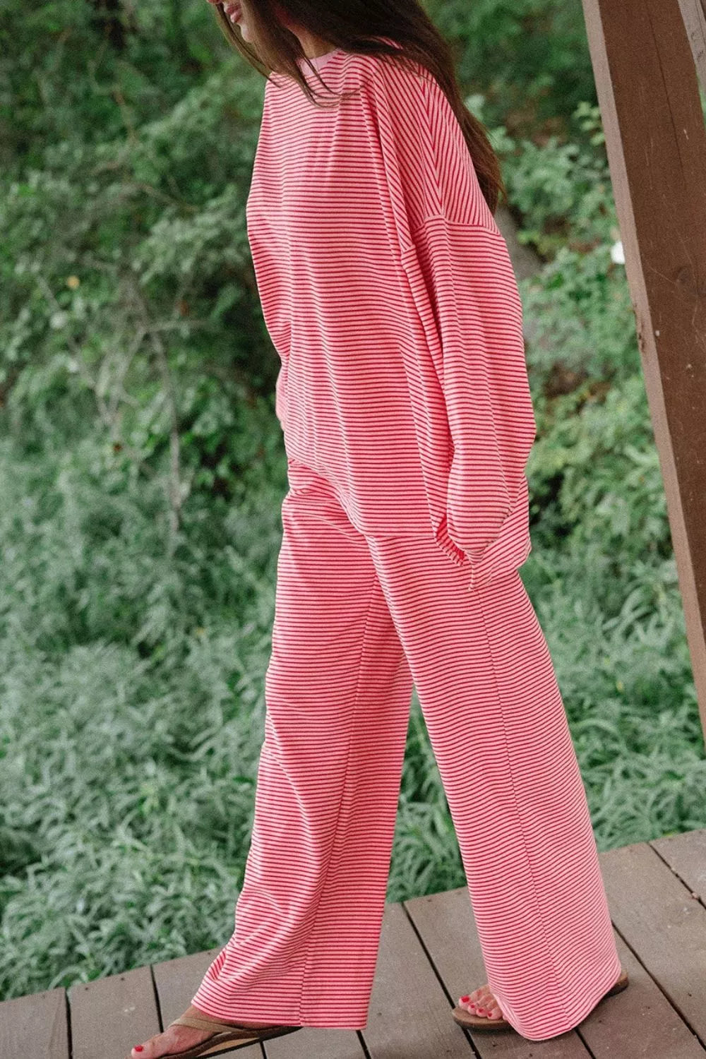 Striped Drop Shoulder Long Sleeve Top and Pants Set