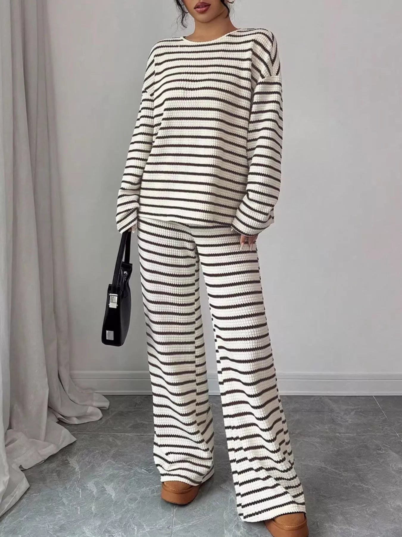 Striped Knit Dropped Shoulder Top and Pants Set