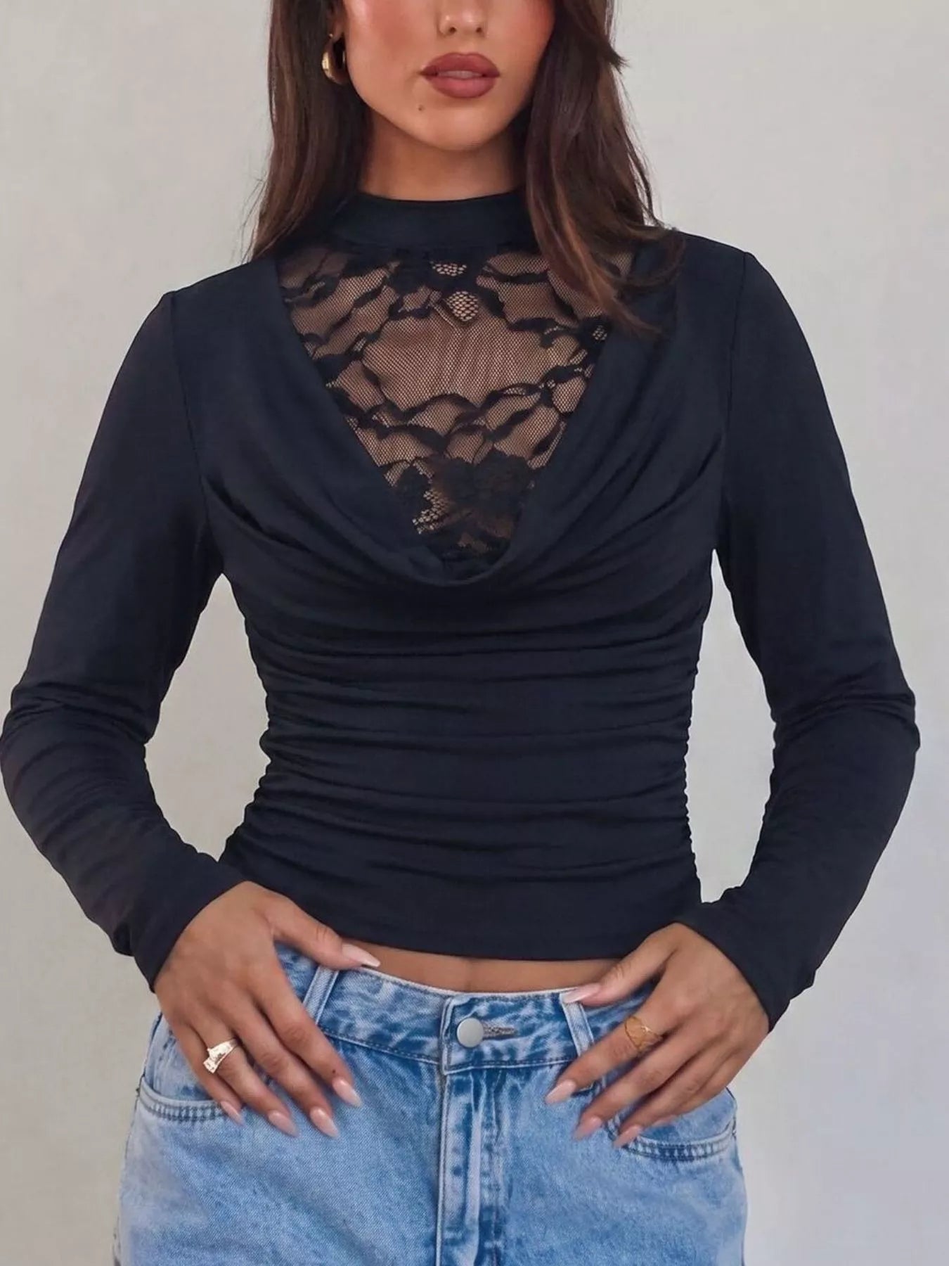 Lace Mock Neck Long Sleeve T-Shirt