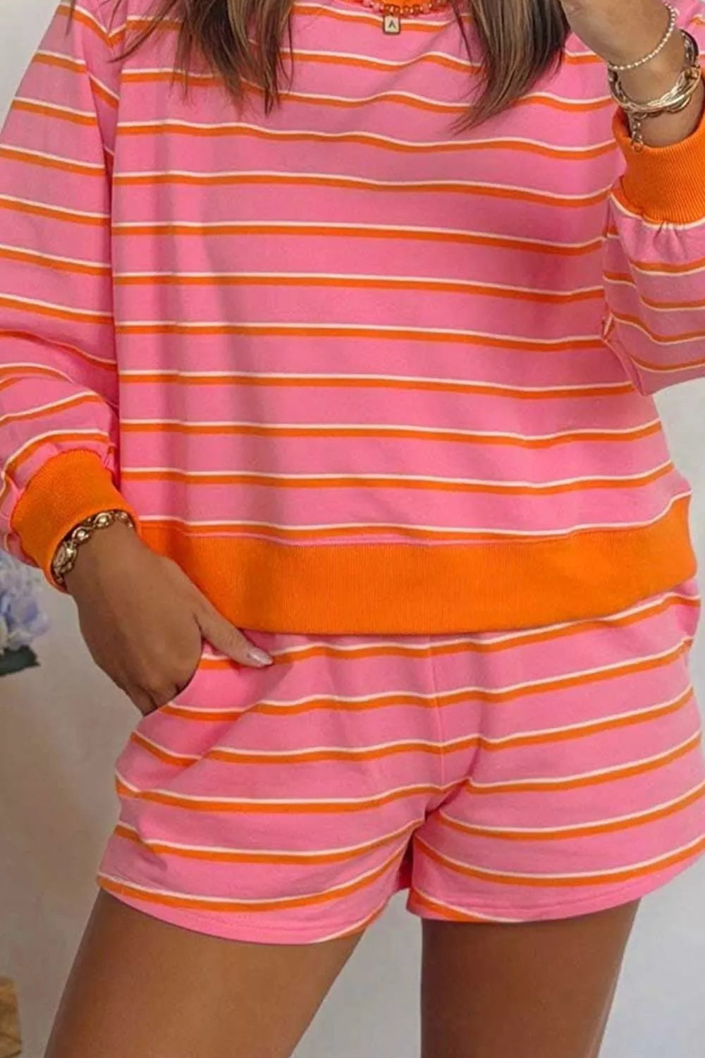 Stripe Color Block Trim Long Sleeve Pullover Pocketed Shorts 2pcs Set