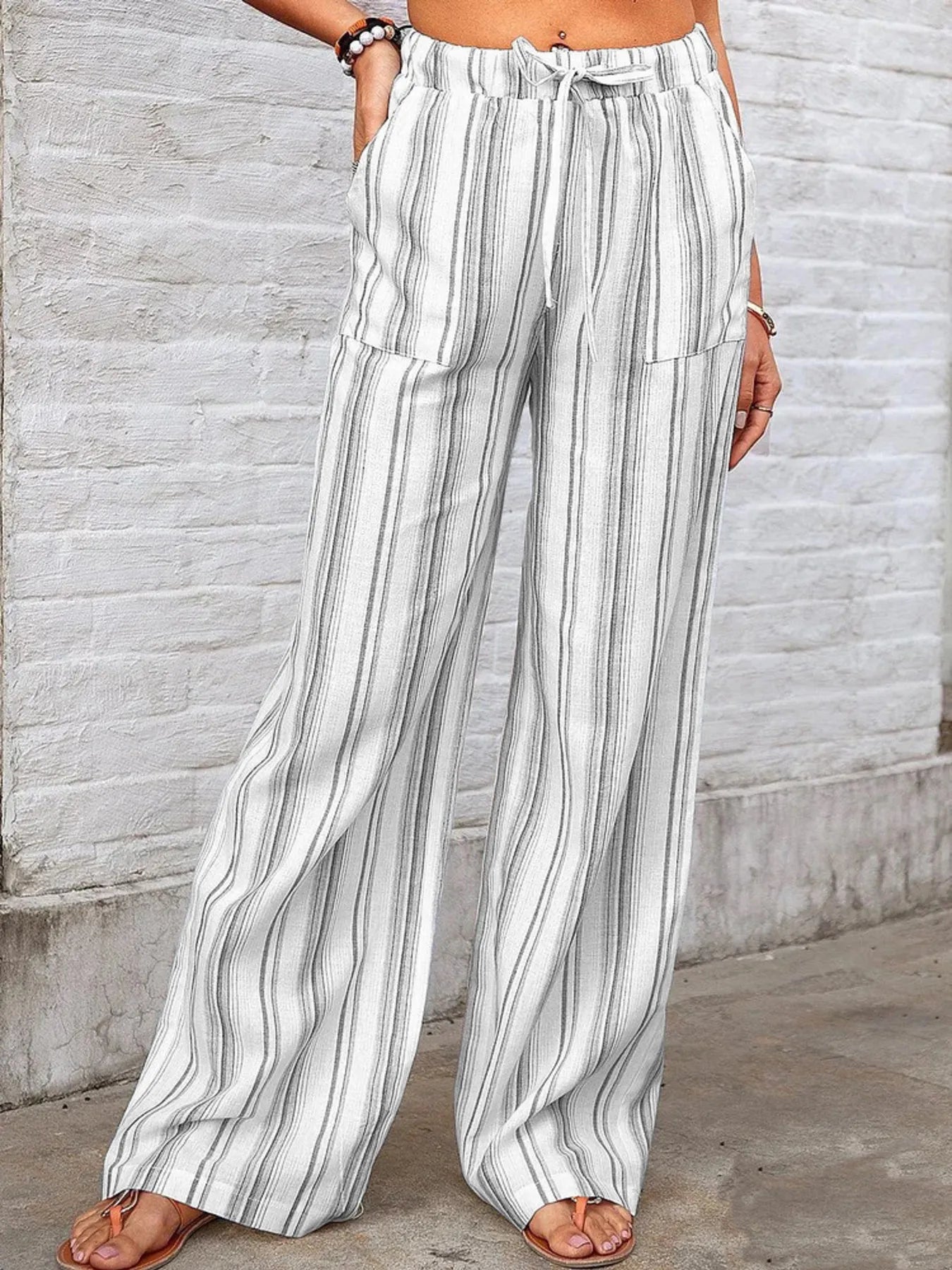 Full Size Striped Wide Leg Pants Plus Size