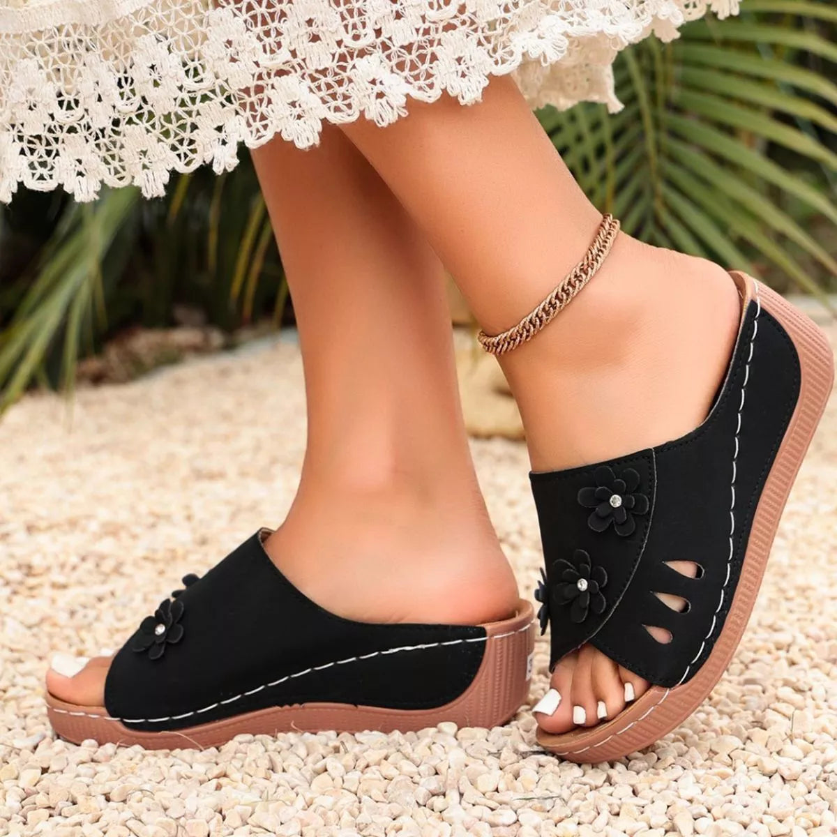 Comfortable Wedge Sandals with Floral Embellishments