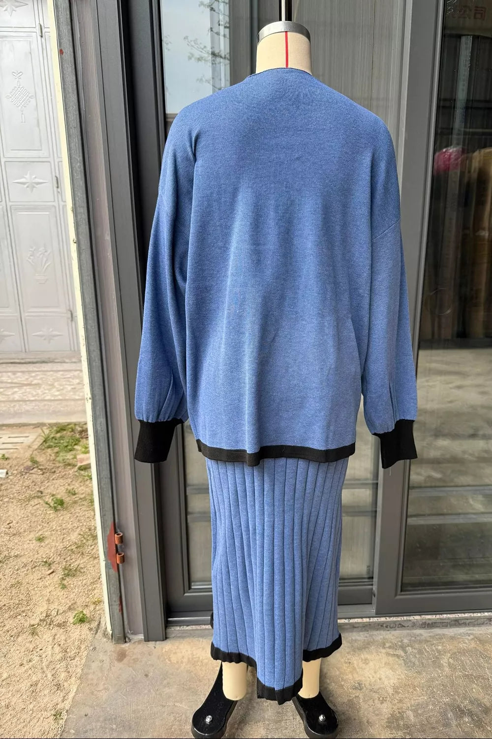 Contrast Trim Ribbed Knit Sweater and Skirt Set