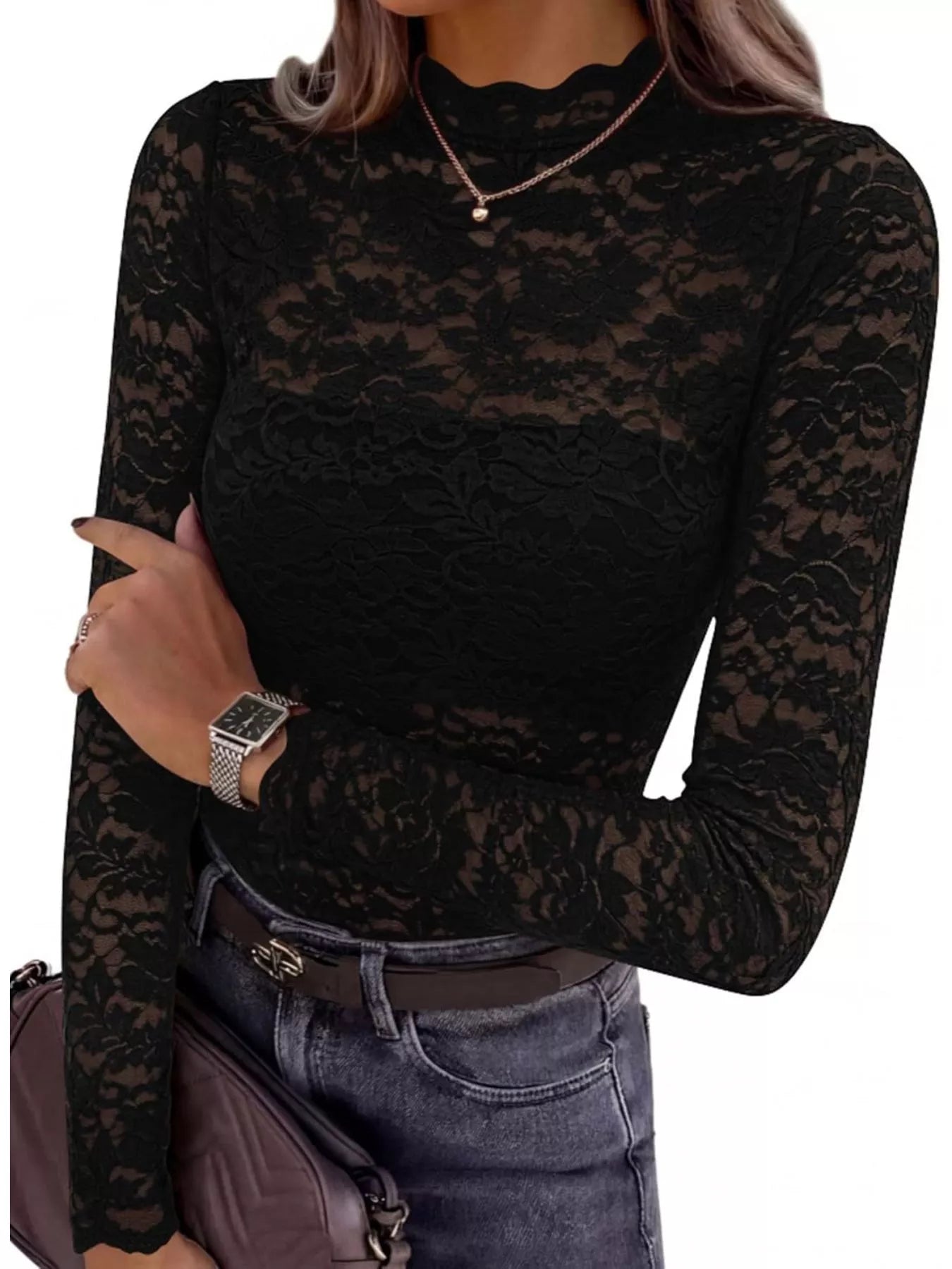 Lace Mock Neck Long Sleeve Top