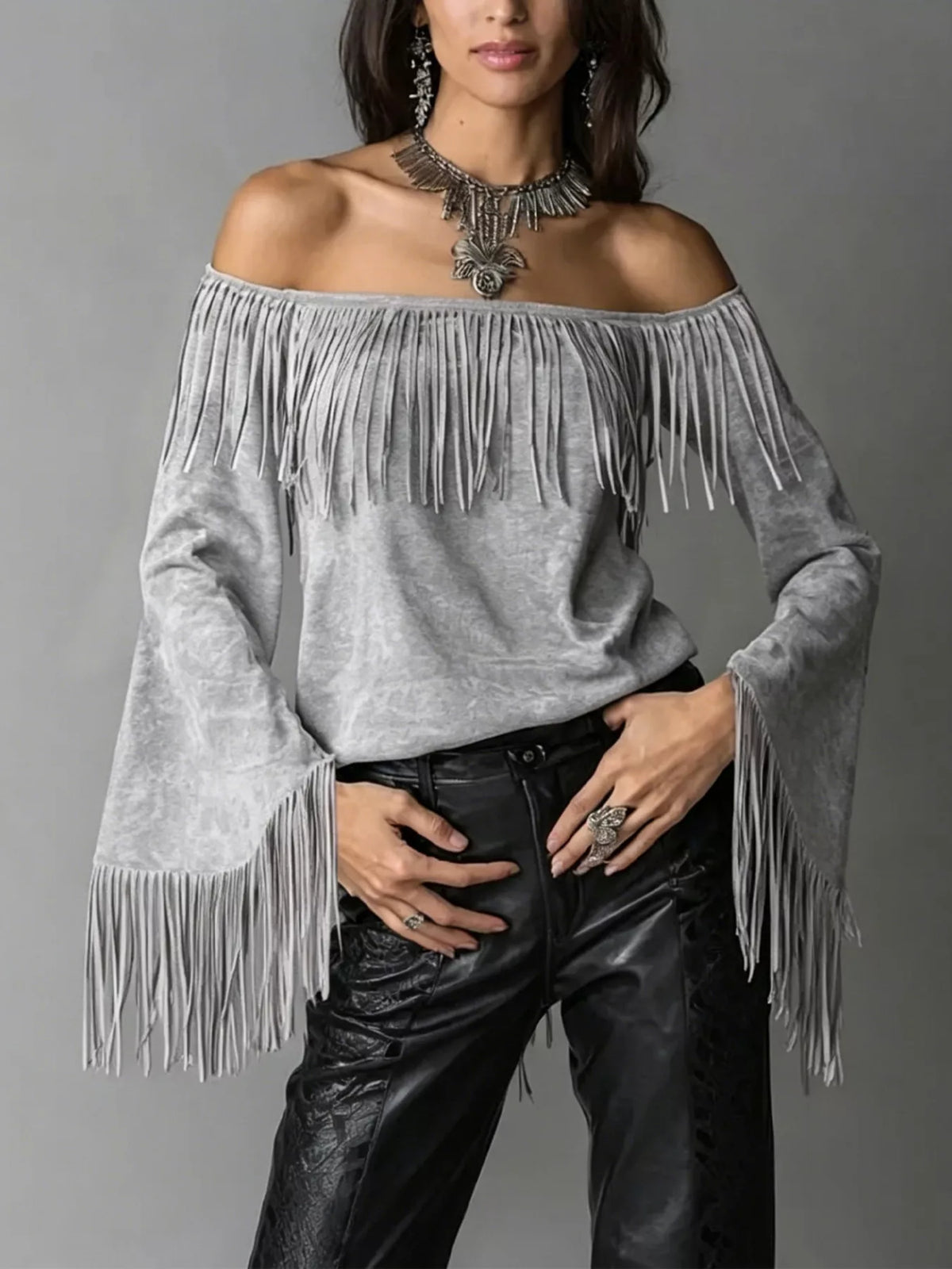 Full Size Fringed Off-Shoulder T-Shirt Plus Size