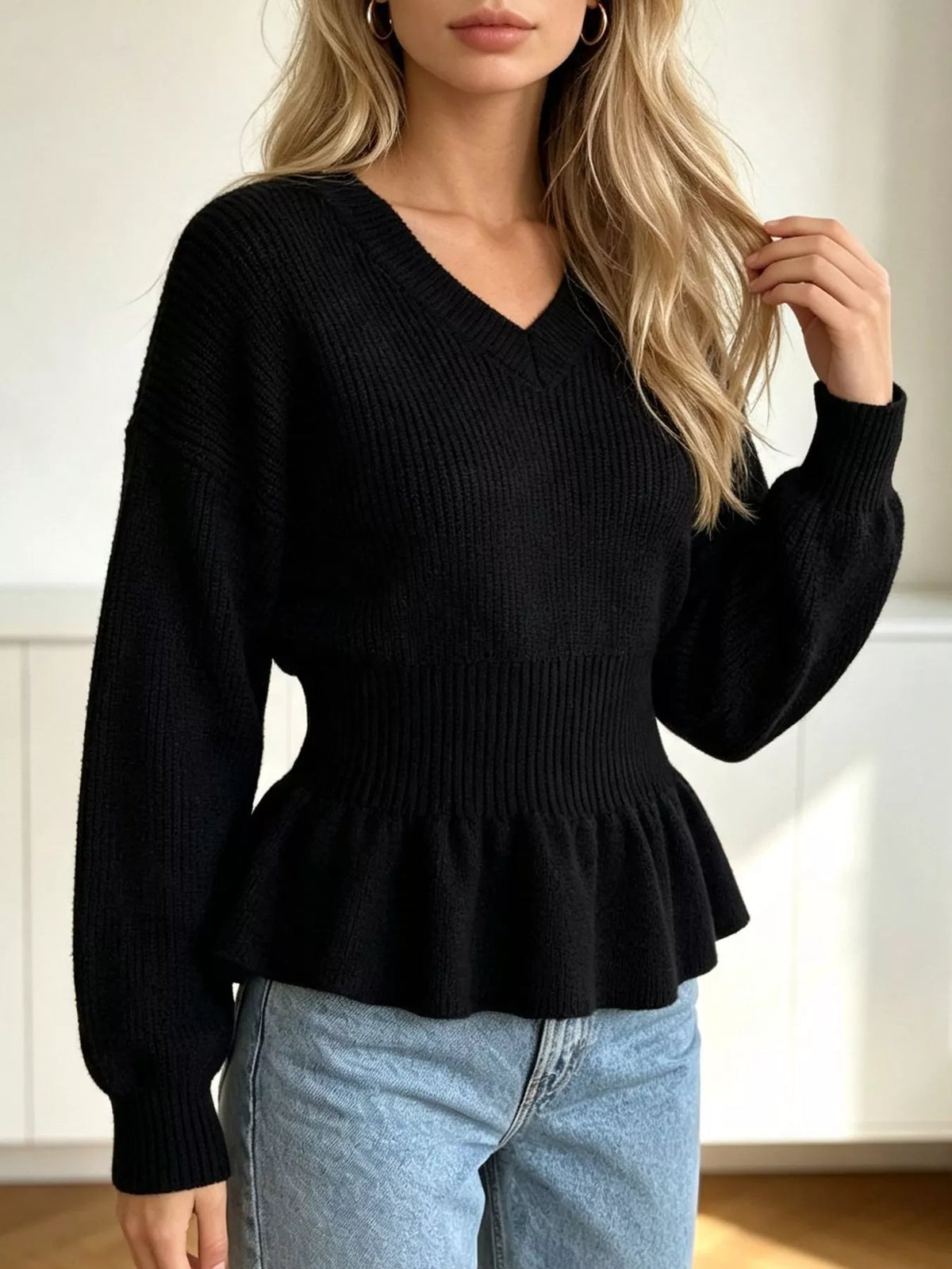 V-Neck Peplum Hem Ribbed Knit Top