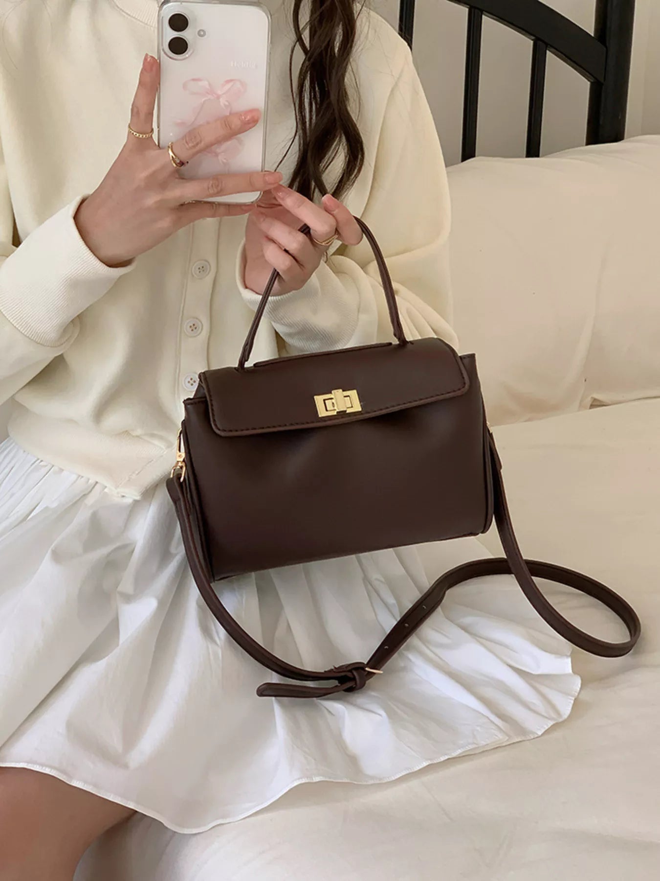 Golden Clasp Leather Crossbody Bag