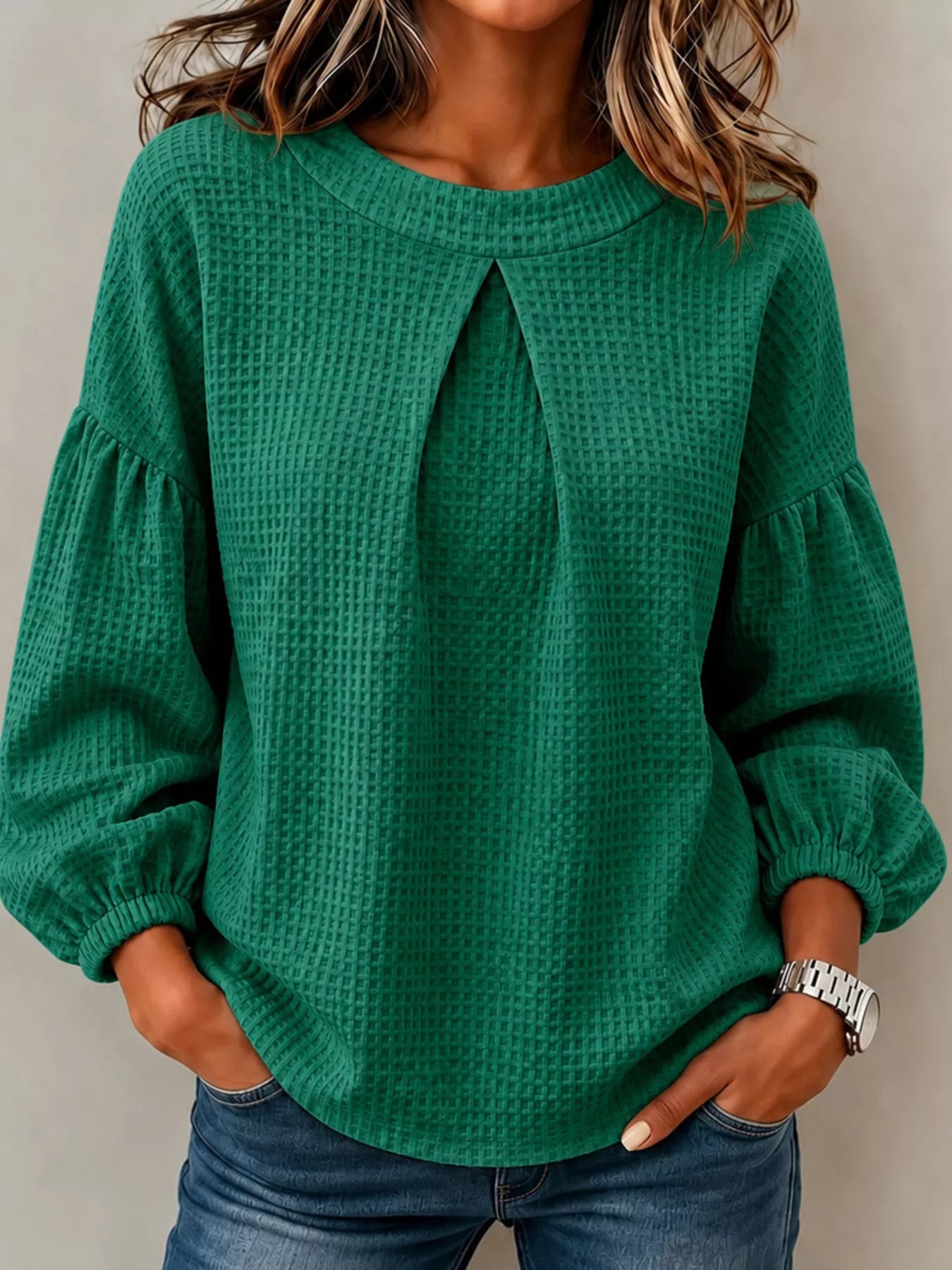 Waffle Knit Round Neck Top