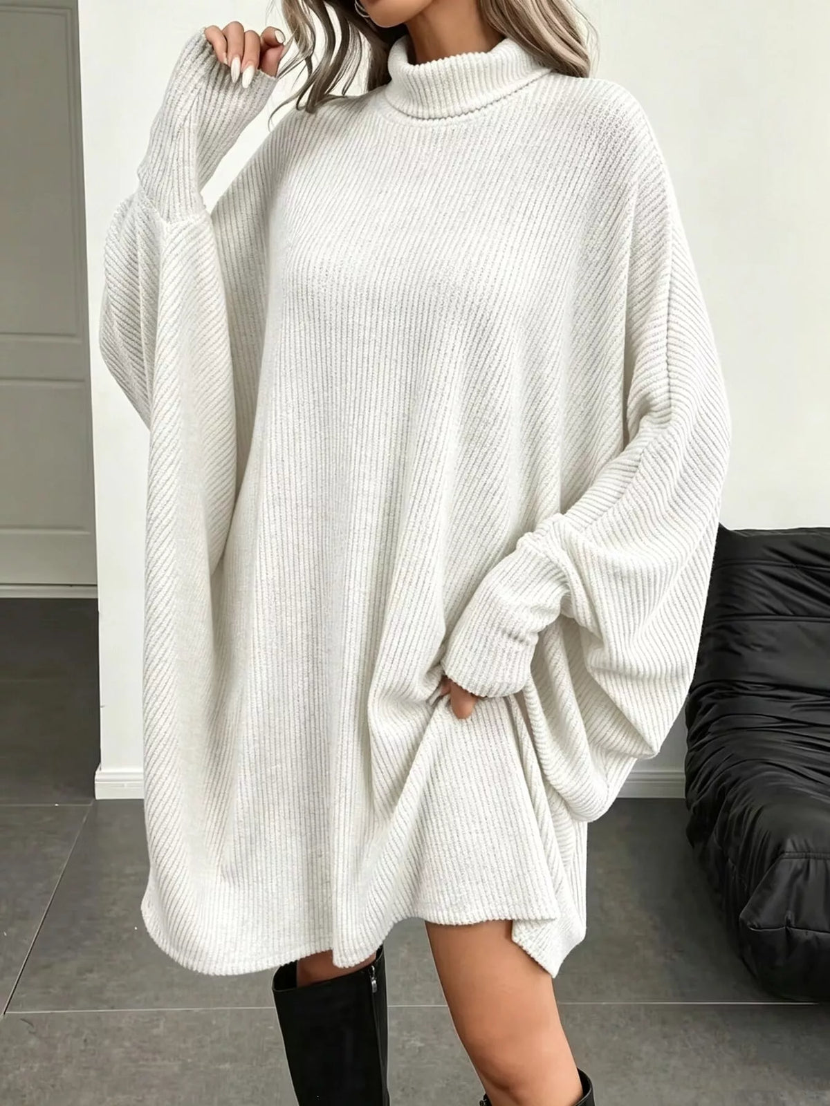 Oversized Batwing Sleeve Ribbed Knit Turtleneck Dress