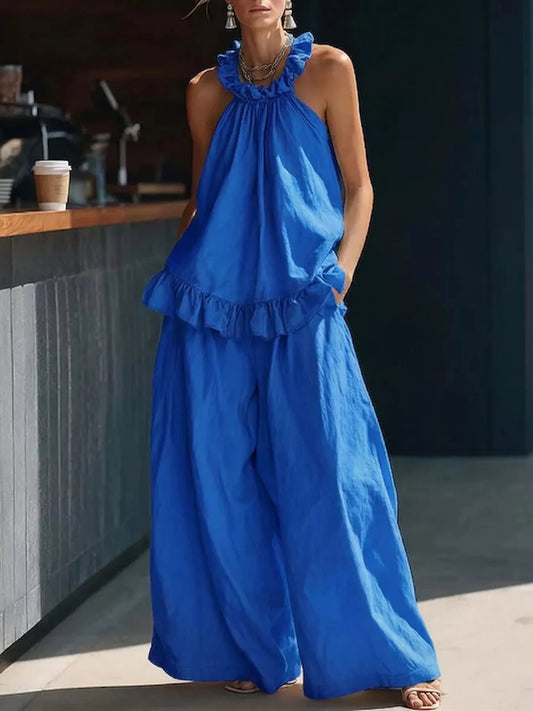 Full Size Ruffled Halter Neck Top and Wide-Leg Pants Set Plus Size