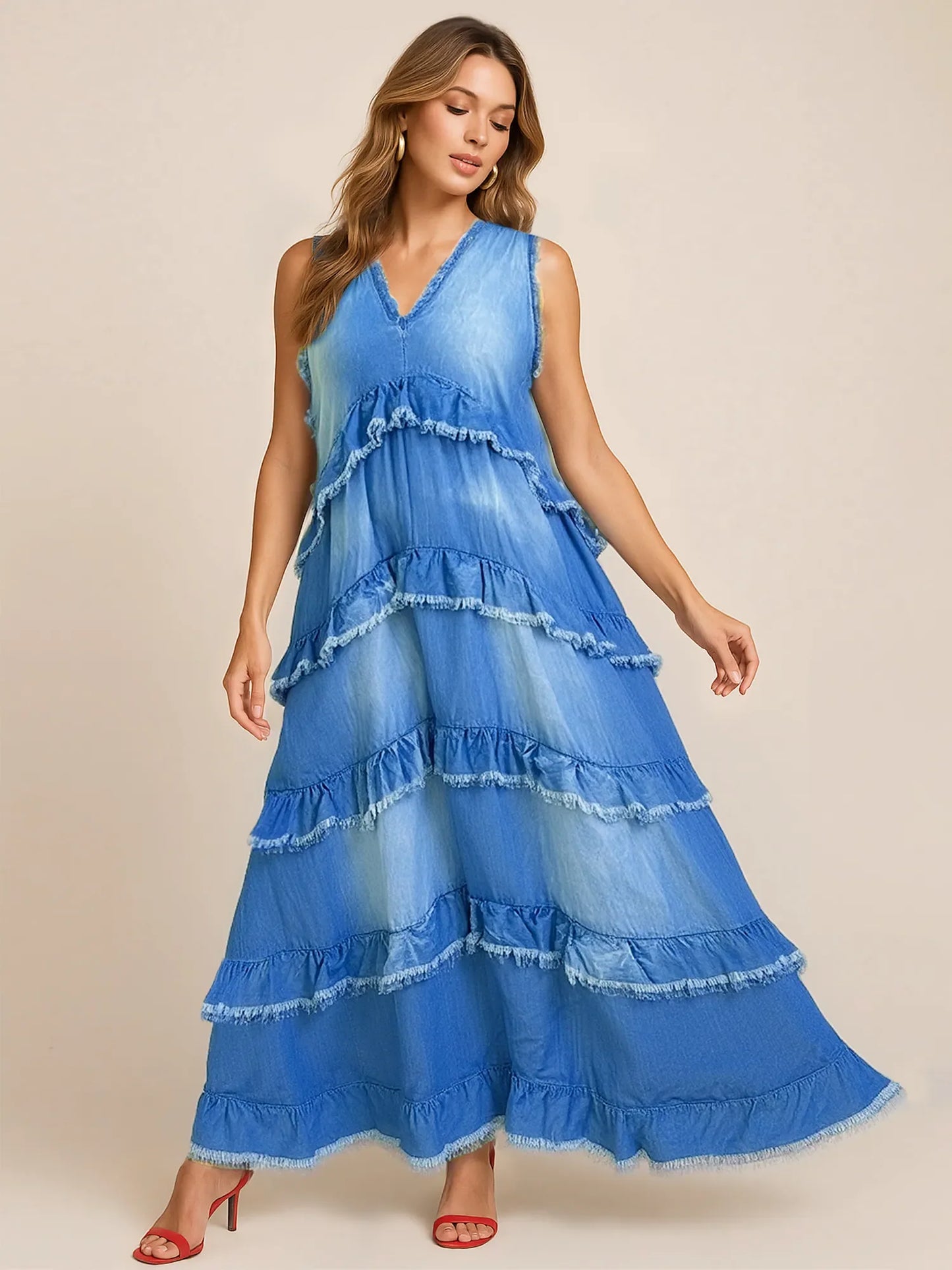 Raw Hem Layered Denim Maxi Dress