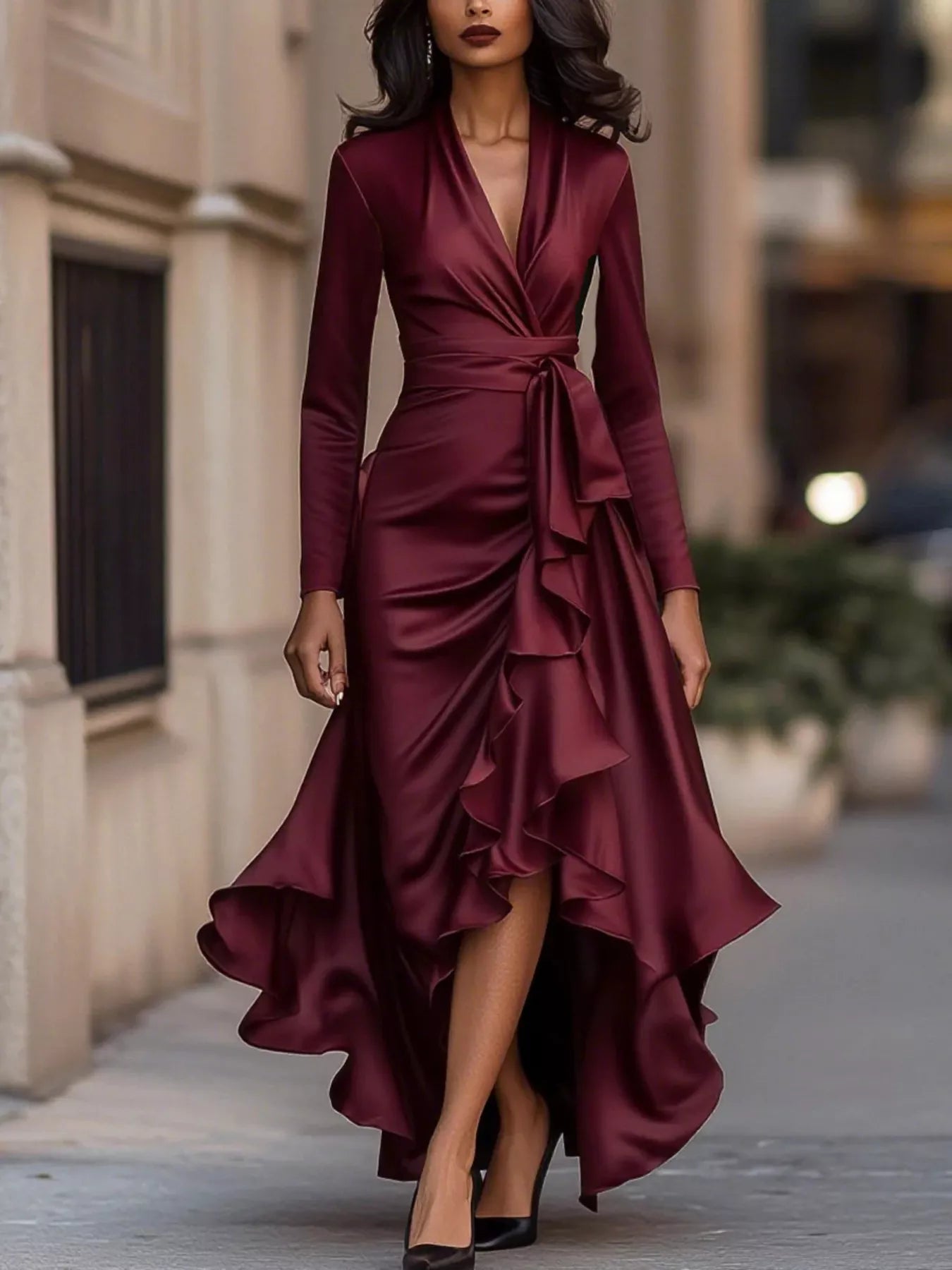 Elegant Wrap Dress with Ruffled Hem