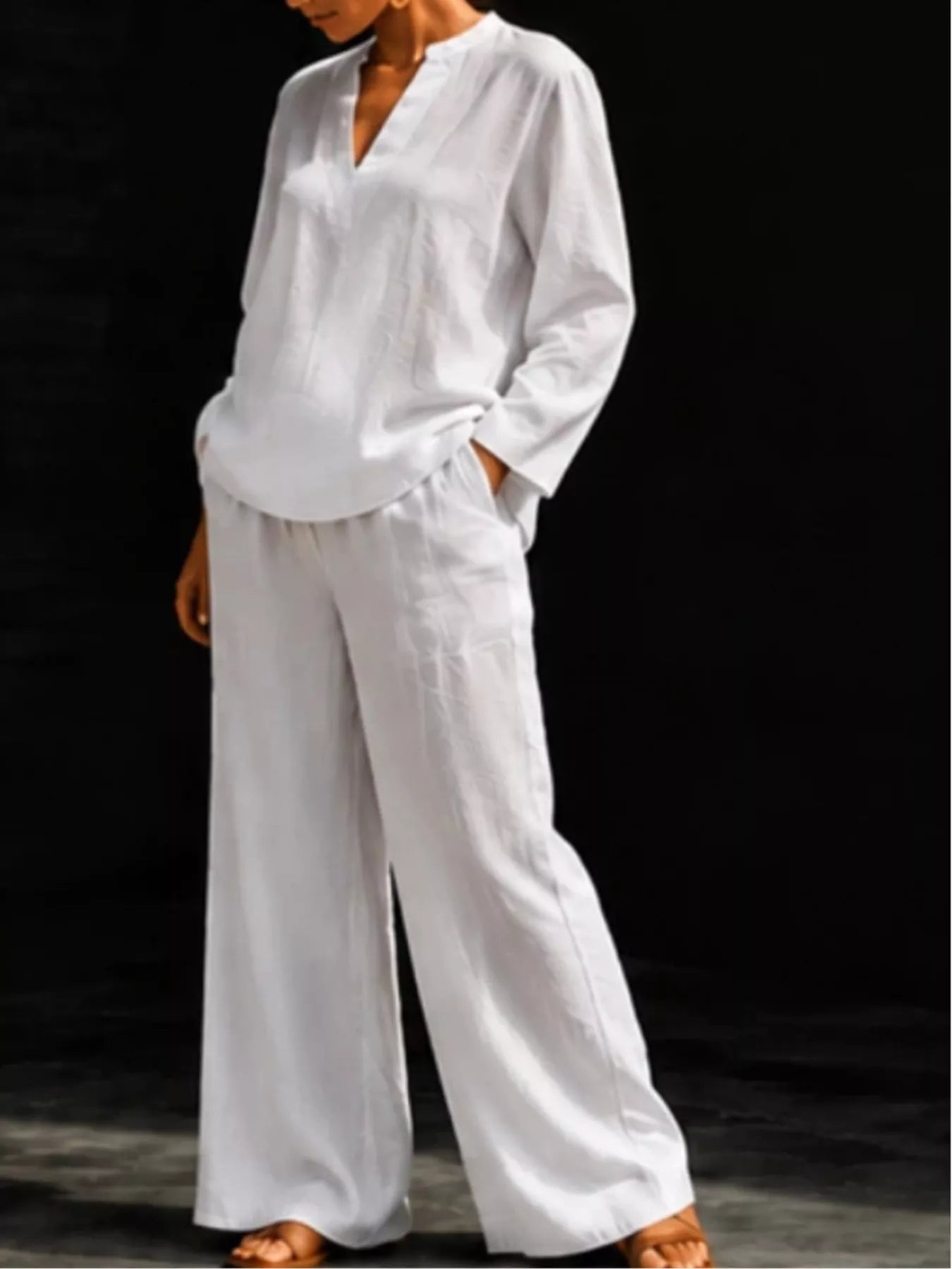 Notched Long Sleeve Top and Pants Set