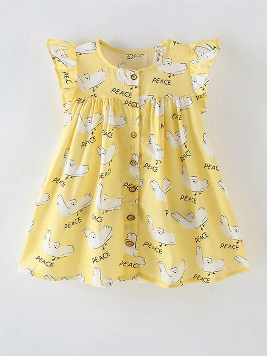 Children's Peace Dove Print Button-Down Ruffle Sleeve Dress
