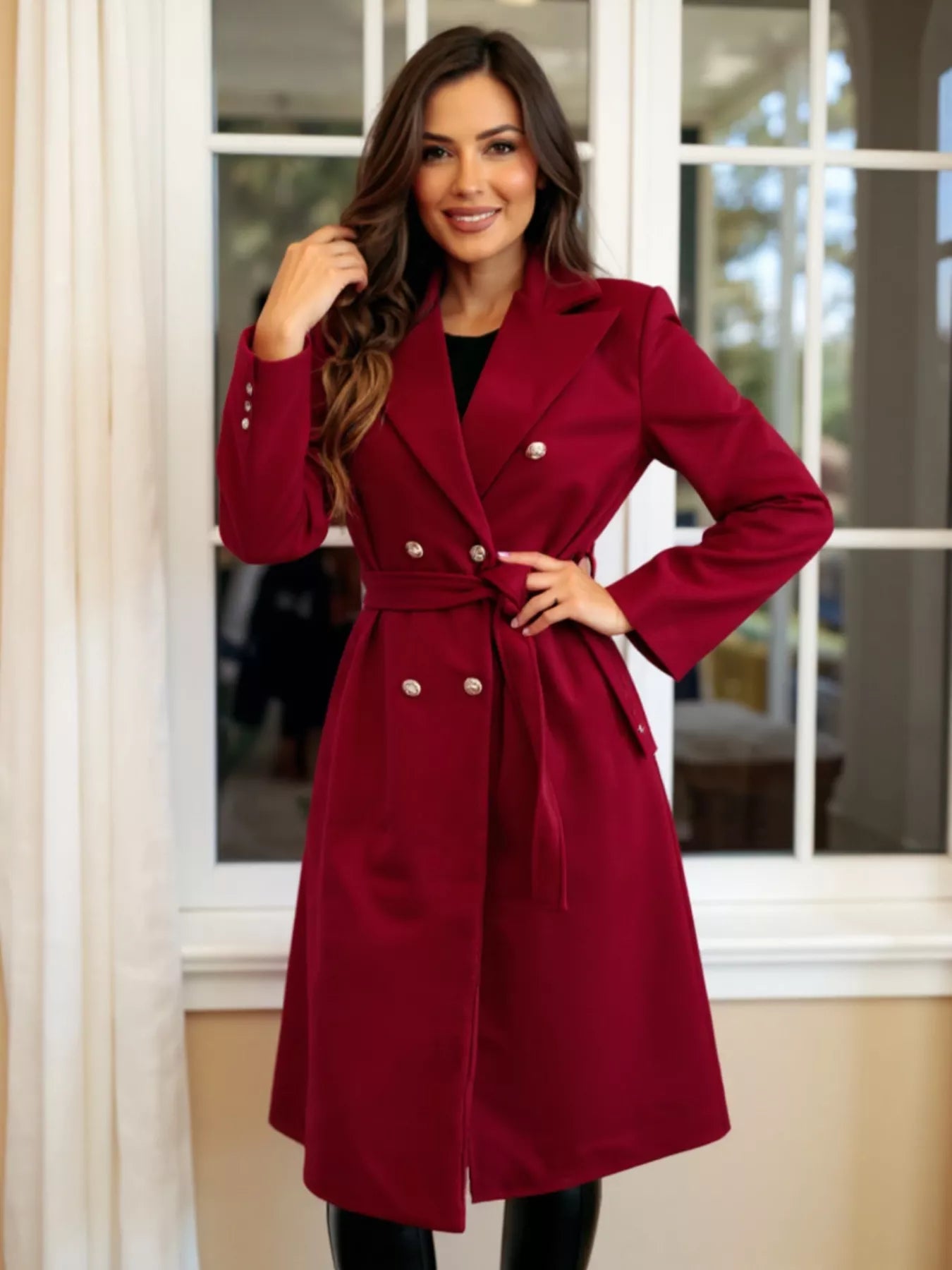 Double-Breasted Tie Waist Overcoat
