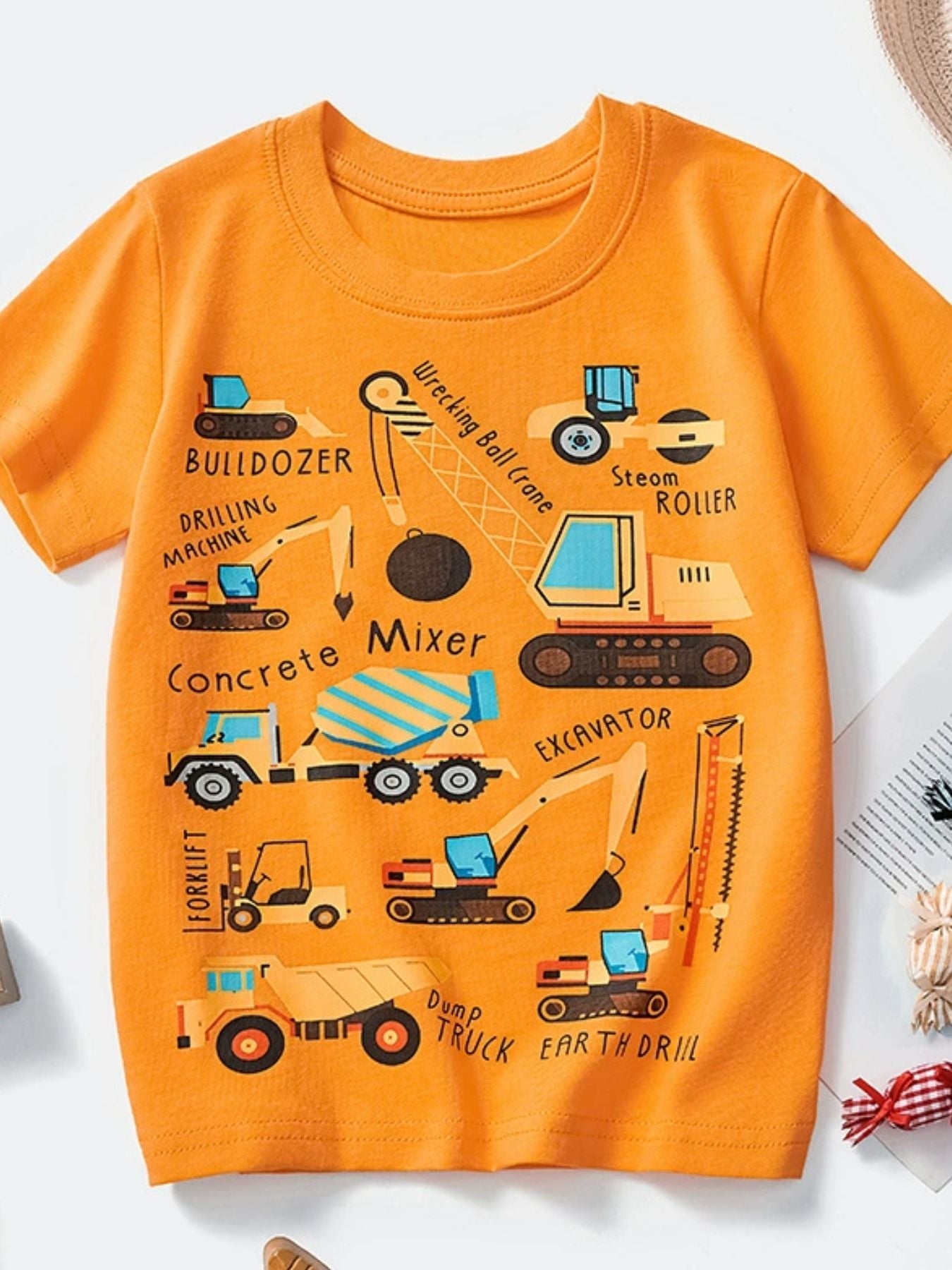 Children's Construction Vehicle Crew Neck Short Sleeve T-Shirt