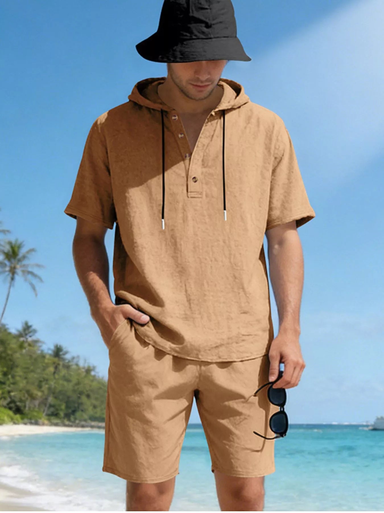 Men's Full Size Casual Short Sleeve Hooded Top & Shorts Set Plus Size