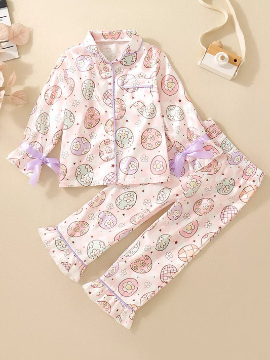 Children's Egg Print Pajama Set with Bow Accents