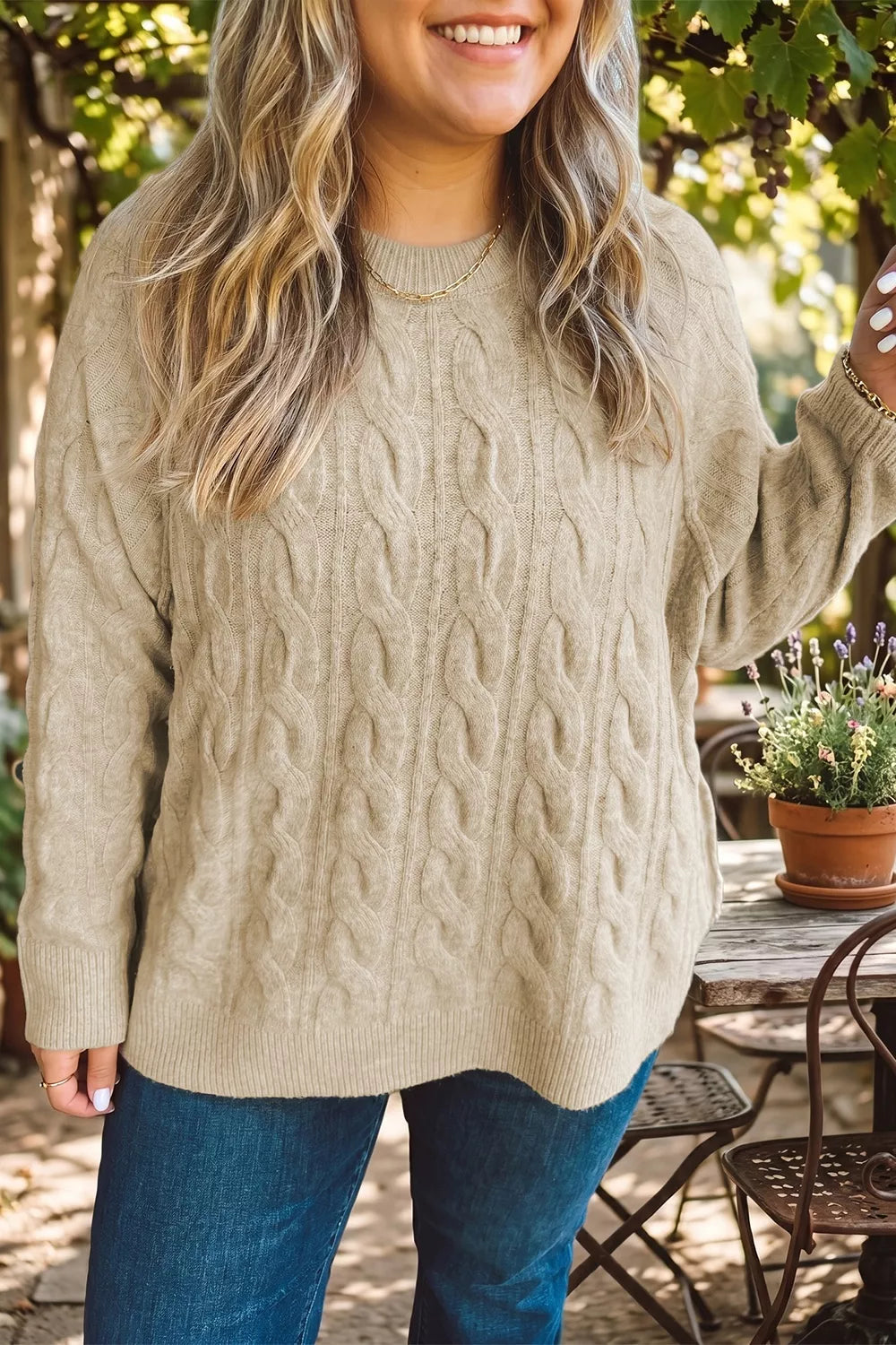 Plus Size Oversized Cable Knit Long Sleeve Round Neck Sweater