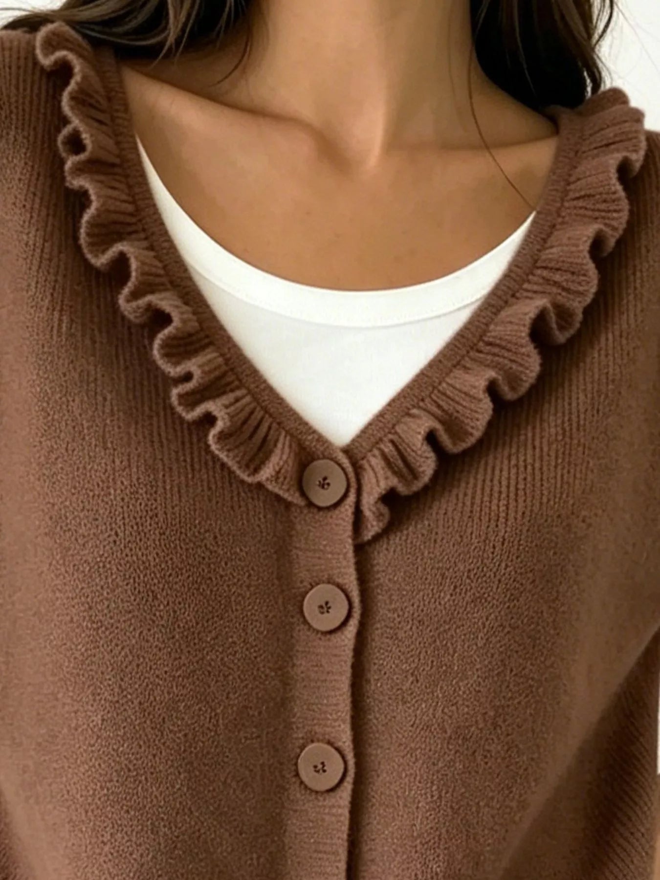 Ruffled Neckline Button-Up Cardigan