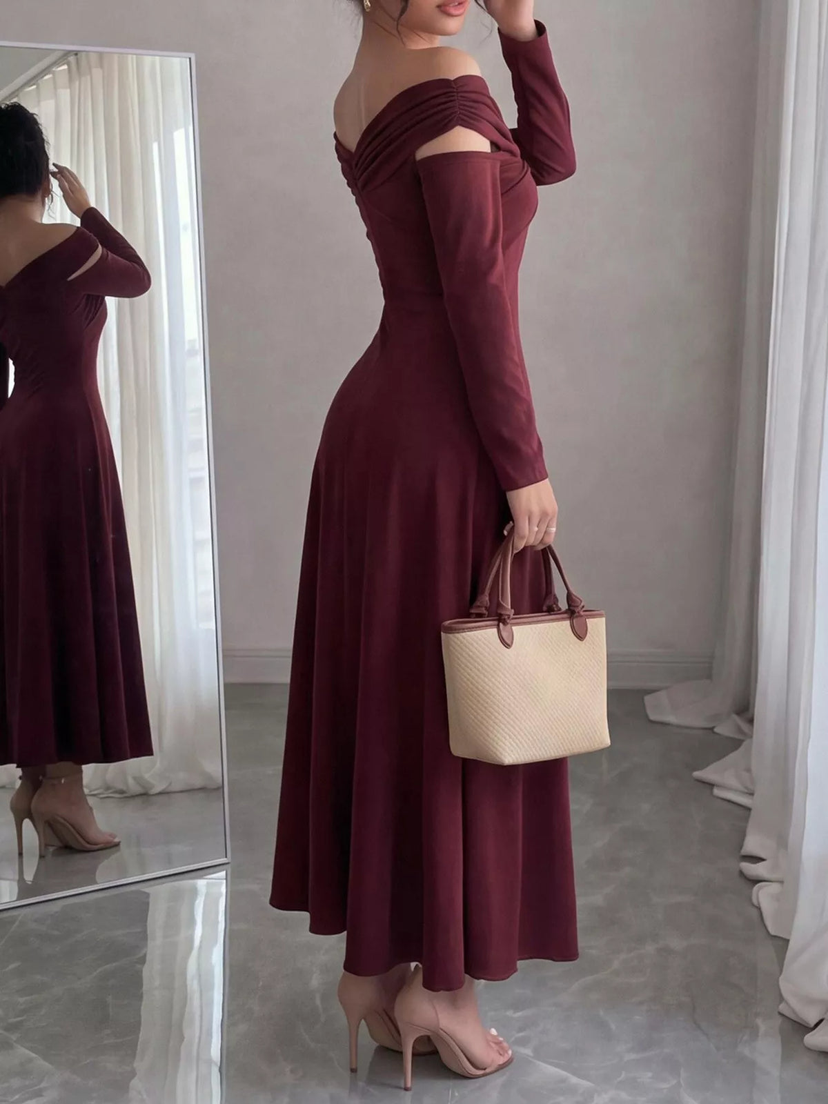 Off-Shoulder Long-Sleeve Maxi Dress