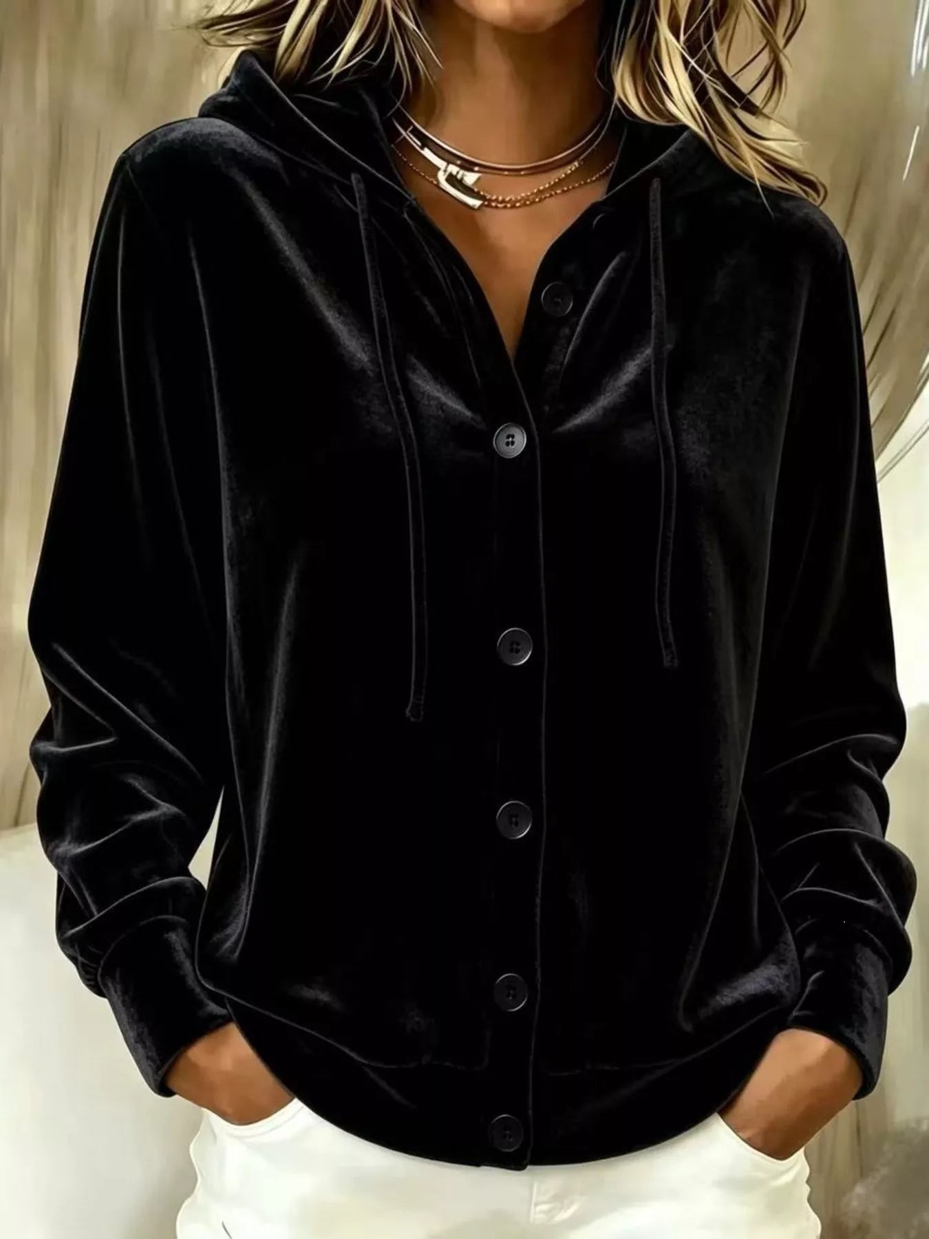 Full Size Velvet Button-Down Hooded Outerwear Plus Size