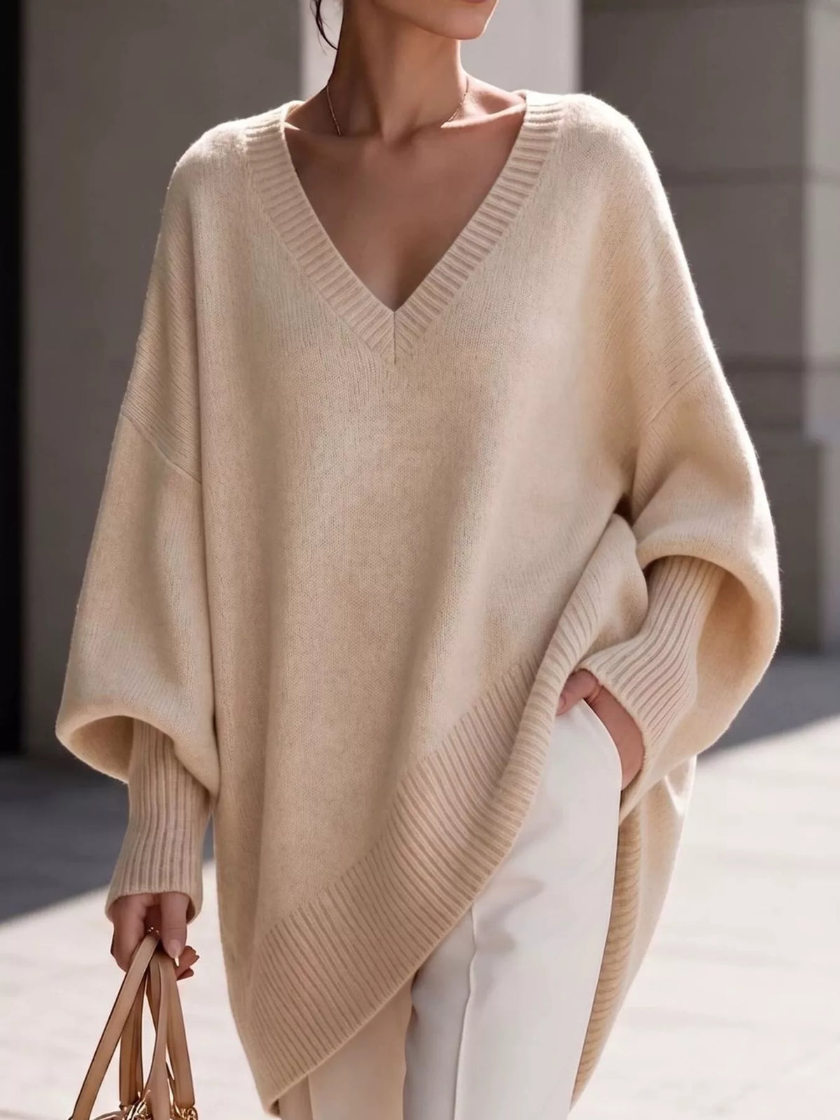 Full Size V-Neck Oversized Batwing Sleeve Sweater Plus Size