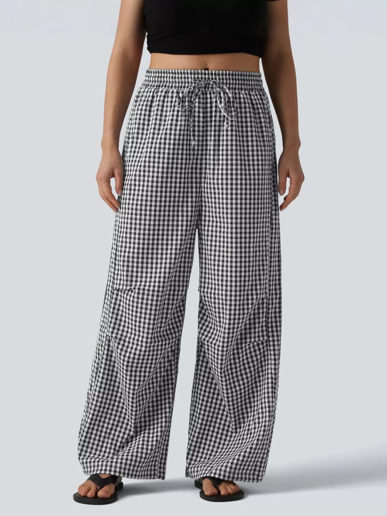 High-Waisted Gingham Wide-Leg Drawstring Pants