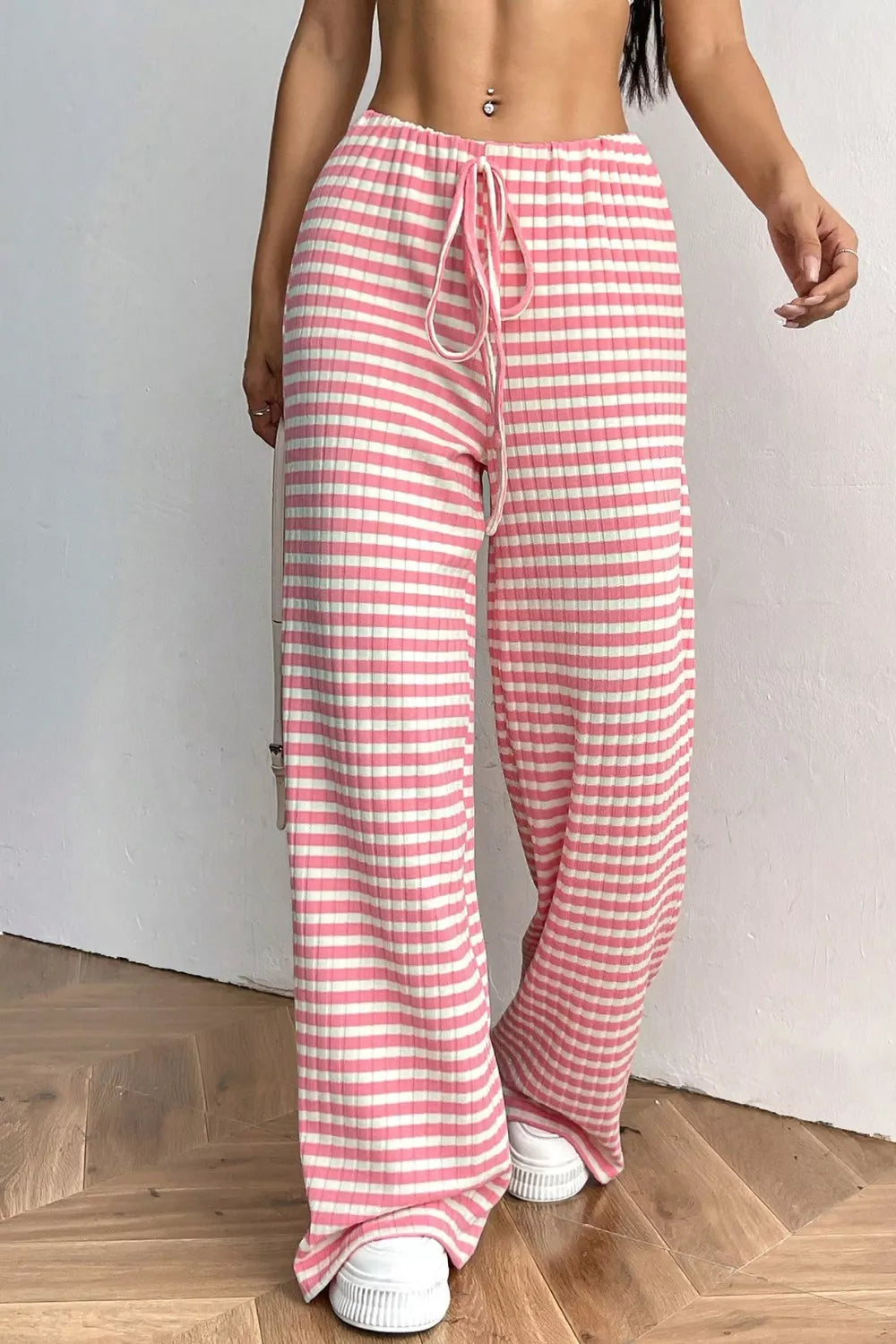 Ribbed Knit Drawstring Wide Leg Pants